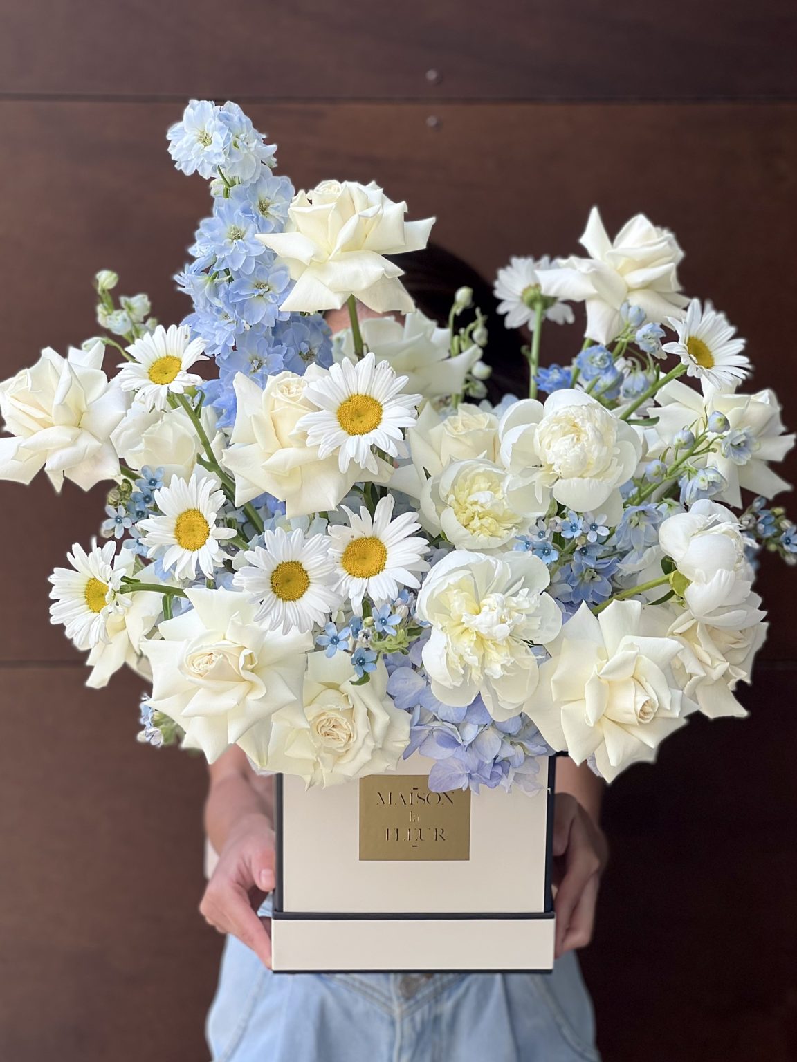 White Roses Bouquet Box, Jardin Bleu - premium roses, peonies, hydrangea, delphinium, daisies, and tweedia flower