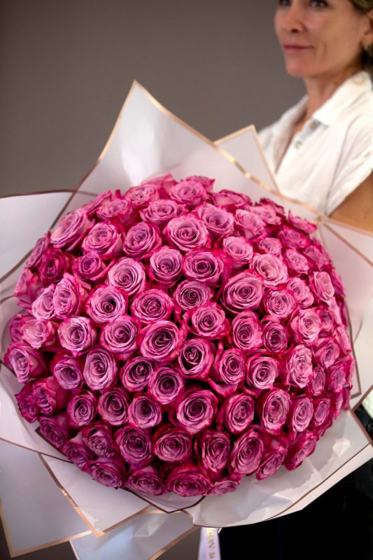 Beautiful Bouquet of Pink Roses, Lavender Moody Blues - 100 Beautiful Premium Roses Bouquet