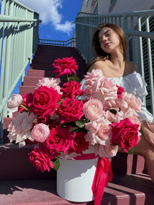 Long Stem Hot Pink Roses Bouquet, Pink Promises - premium long stem hot pink roses, pink O’Hara roses, ranunculuses, hydrangea