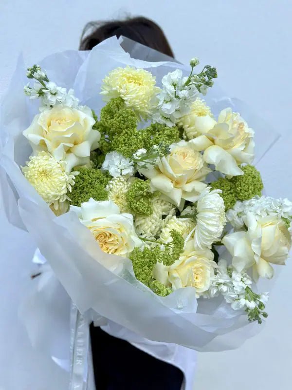 Mum Flower Bouquet , Summer Breeze - premium long stem roses, mum flowers, viburnum, stock flowers, hydrangea - Maison la Fleur