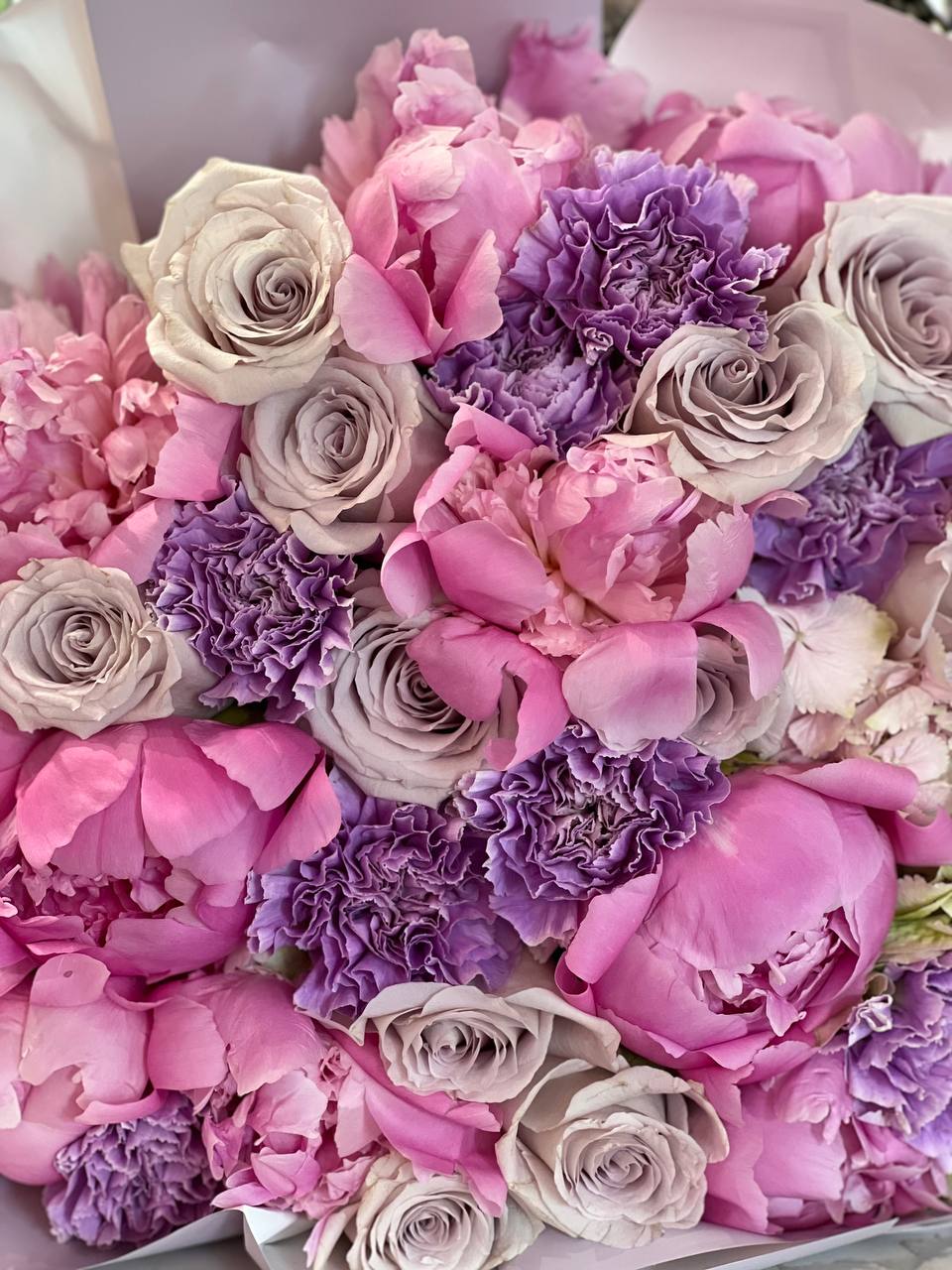 Purple Peonies Bouquet Summer Vibes - beautiful European peonies, Dutch hydrangea, long stem roses and carnations - Maison la Fleur