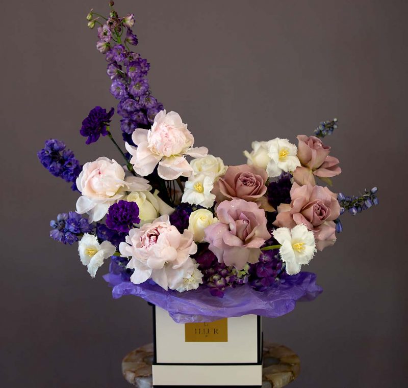 Beautiful Mix Flower Bouquet, Violette - dutch tulips, roses, peonies, delphinium, and hydrangeas - Maison la Fleur