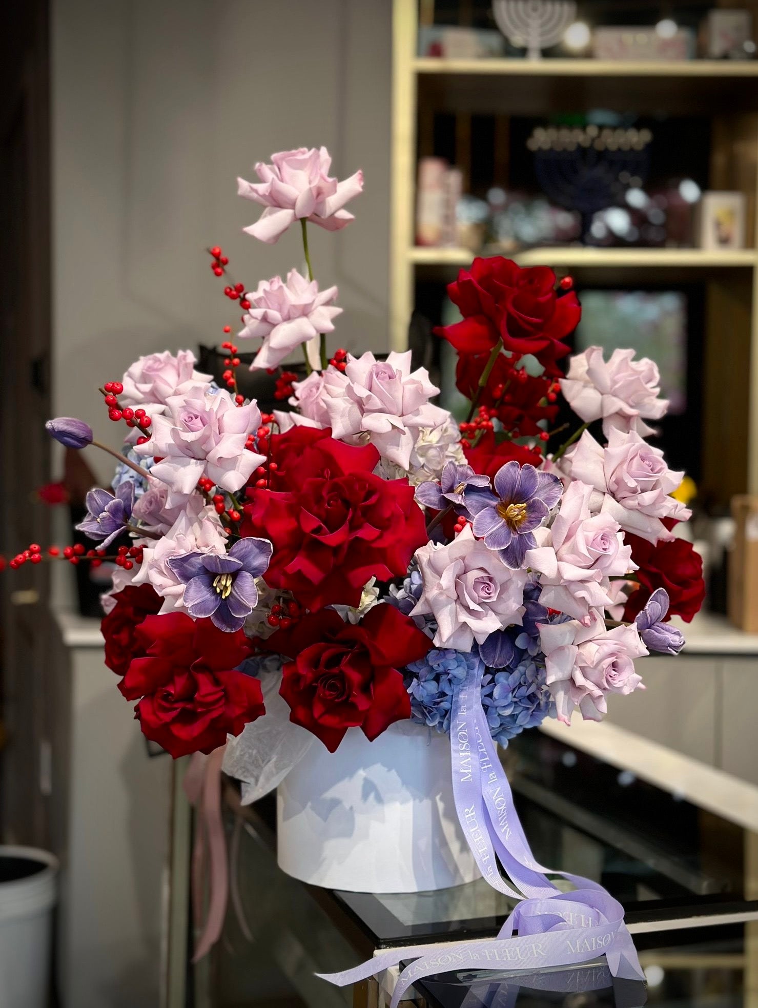 Royal Affair - Jumbo hydrangeas, Garden red roses, European carnation, European lisianthus