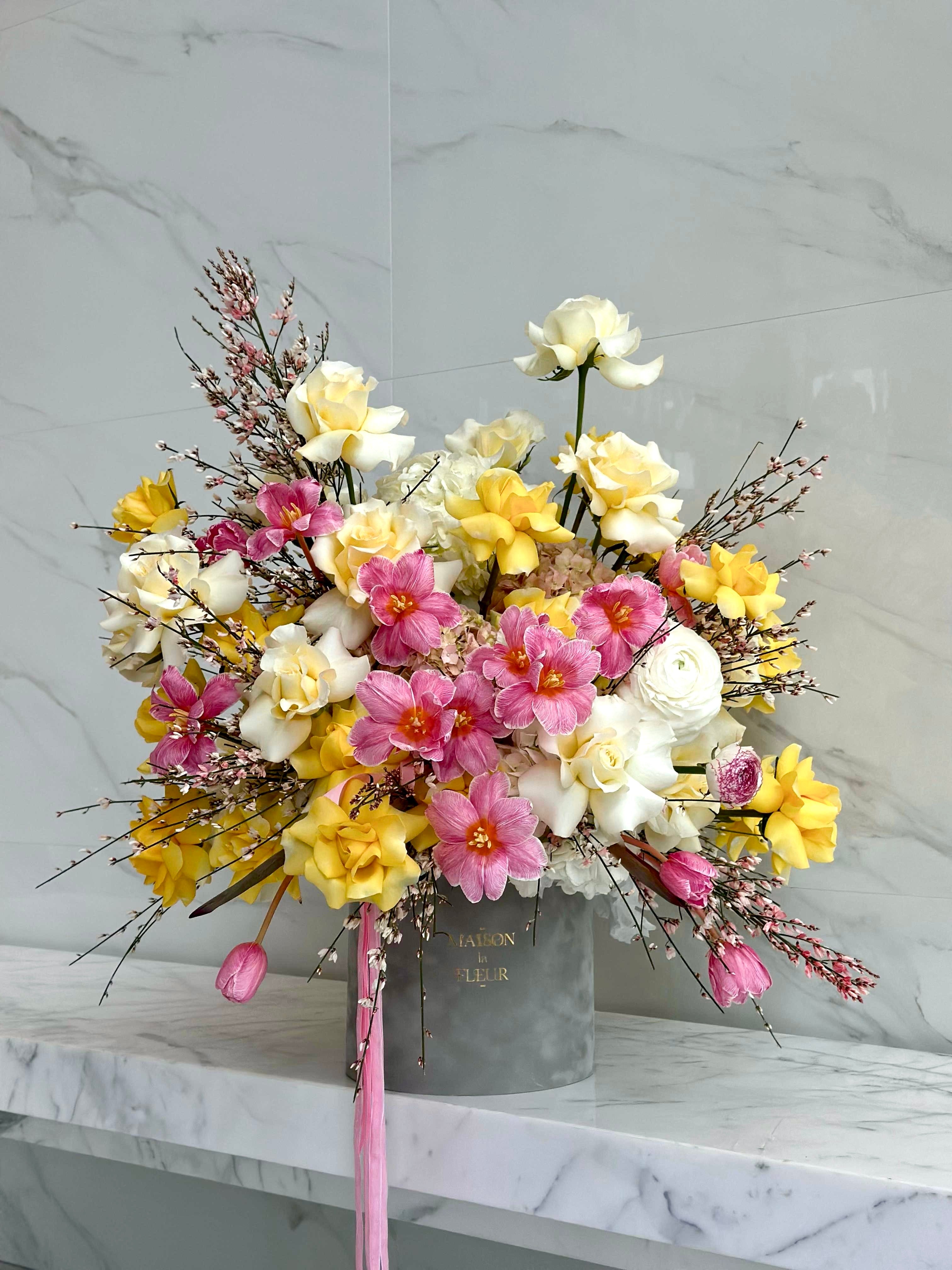 Solar Beauty - Premium long stem roses, Dutch color enhanced tulips, hydrangea and ginestra
