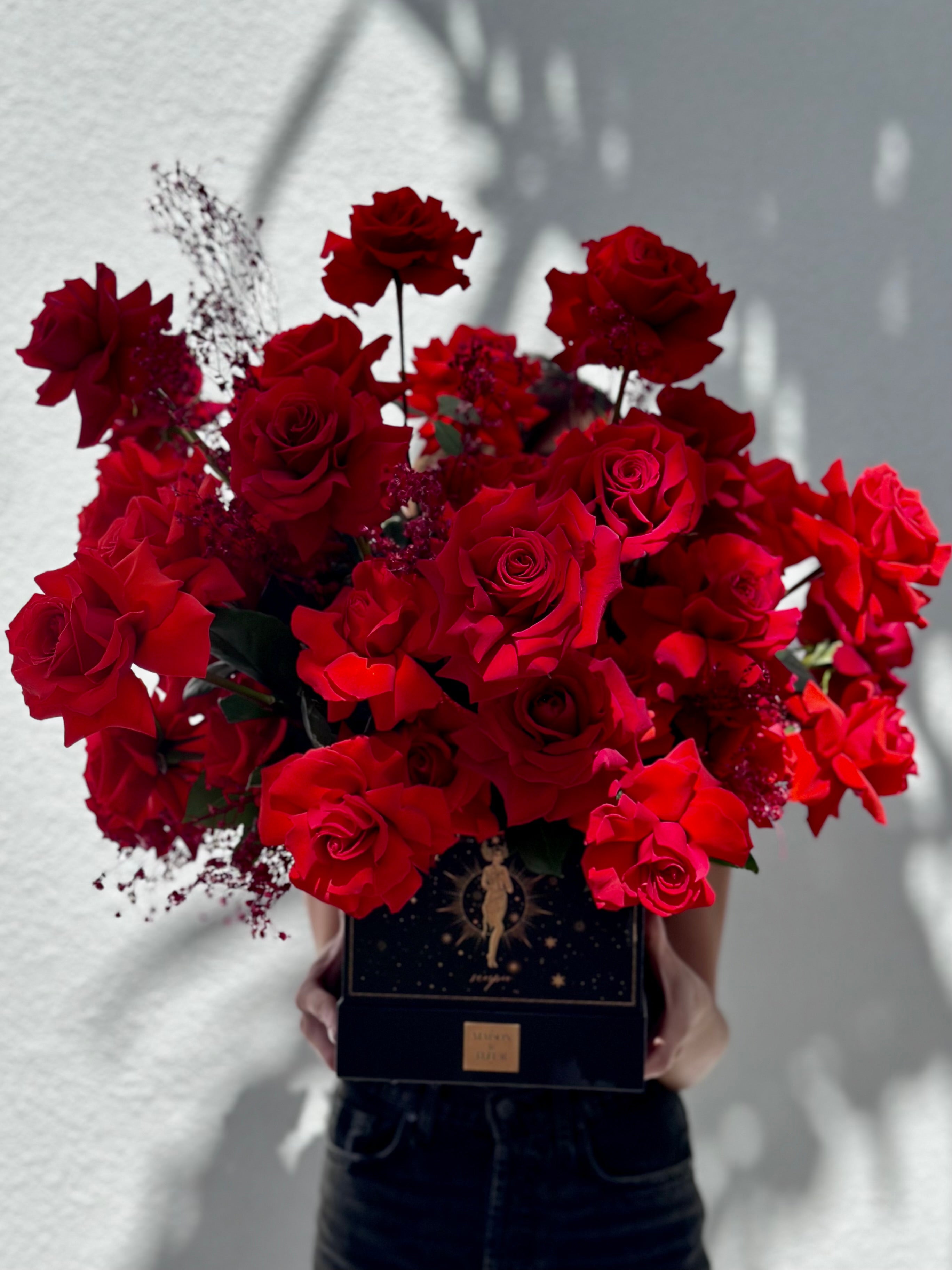 "Happy Birthday" zodiac box with  50 premium long stem red roses