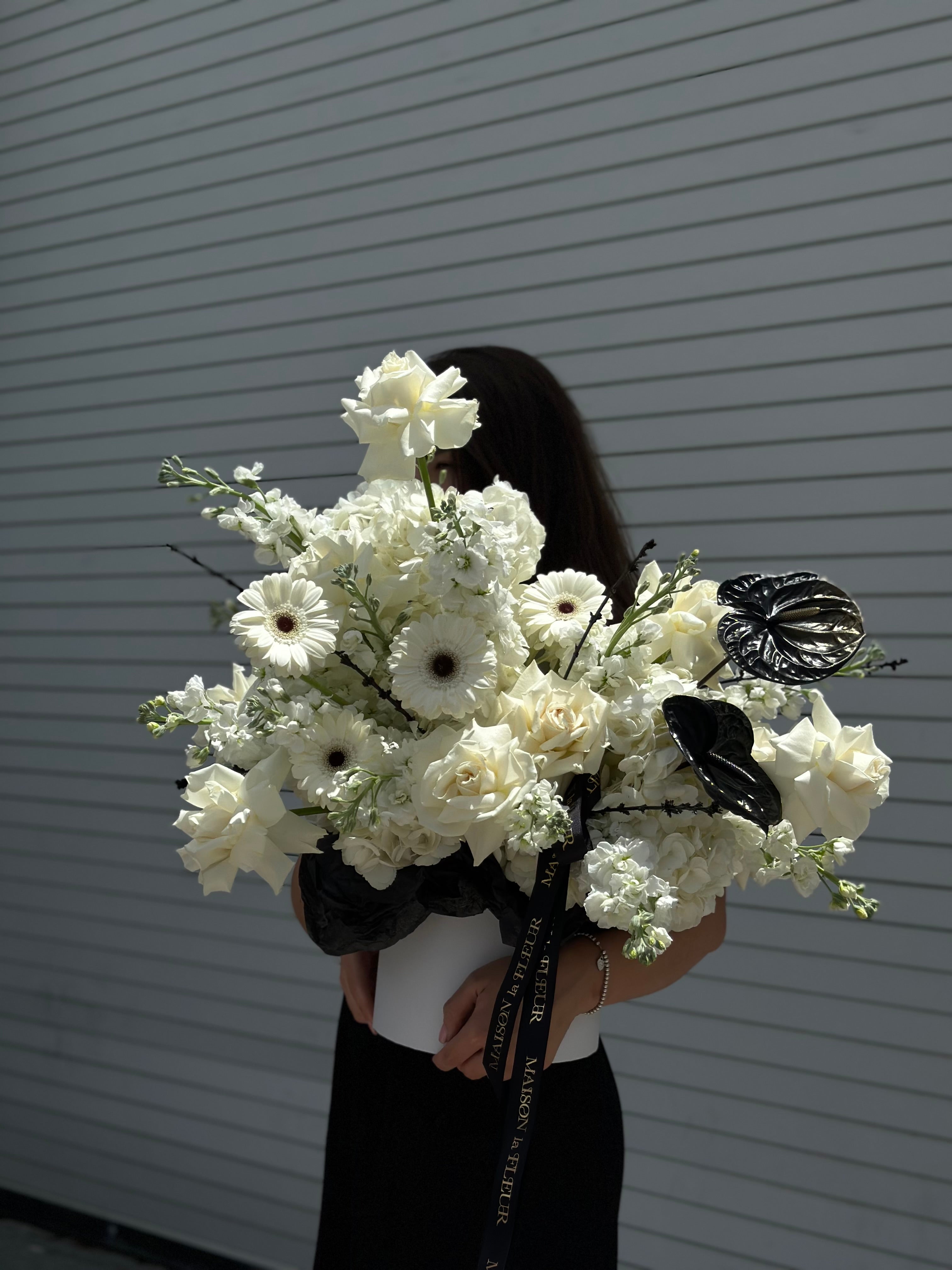 Belle Chance - white hydrangea, calla lilies, anemones, white roses, stock flowers