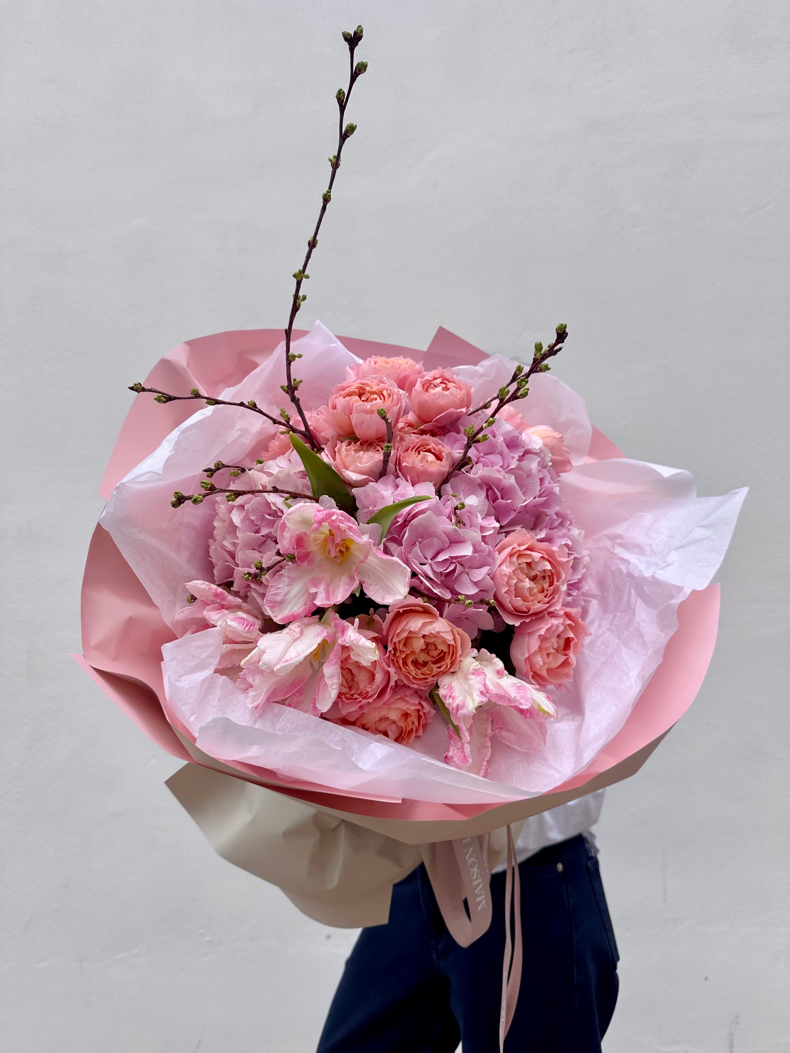 Moon Dance - Lux European hydrangea, spray garden roses, Dutch tulips, Sakura (seasonal)