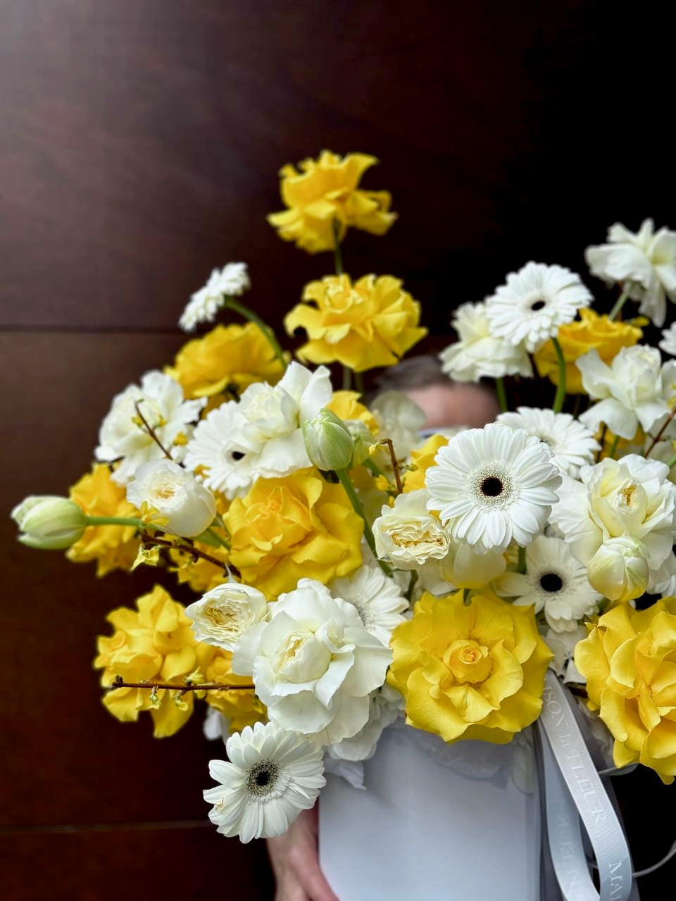 French Citron - Beautiful arrangement of long stem roses, garden roses, gerbera, hydrangea and tulips