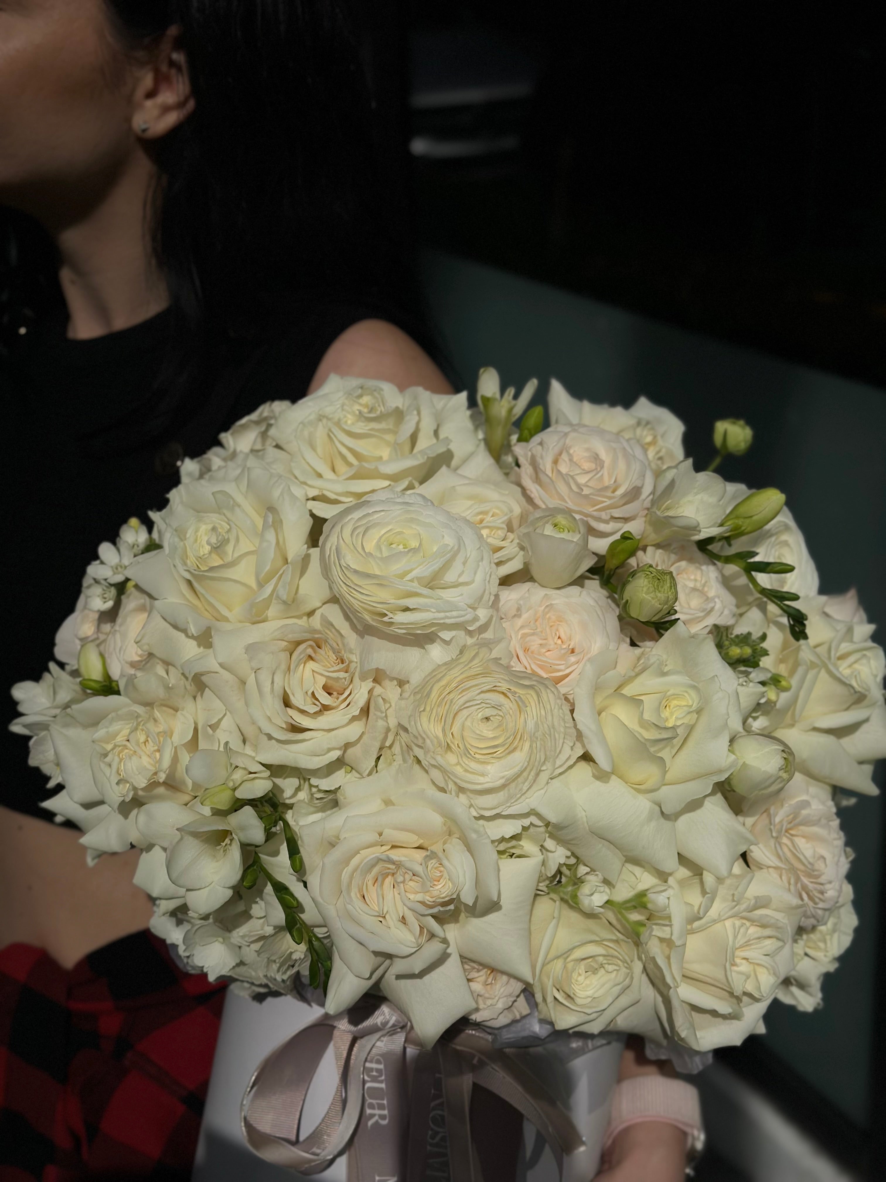 White Butterfly - Beautiful arrangement in a box with premium long stem white roses, hydrangea, ranunculus and freesia
