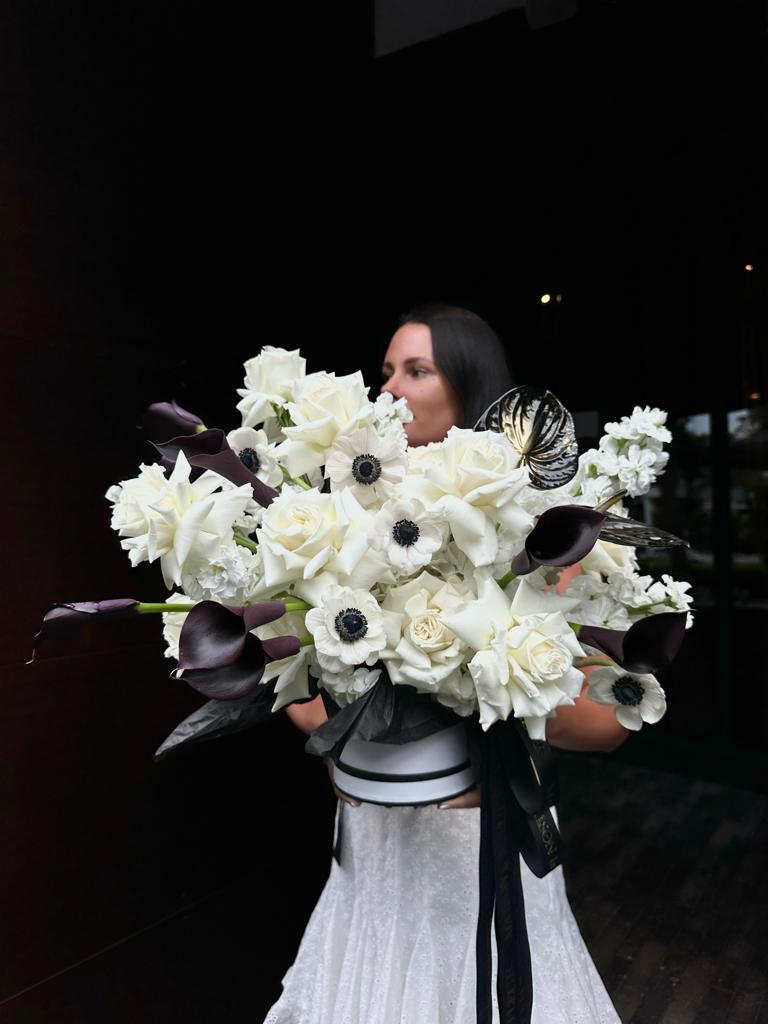 Belle Chance - white hydrangea, calla lilies, anemones, white roses, stock flowers