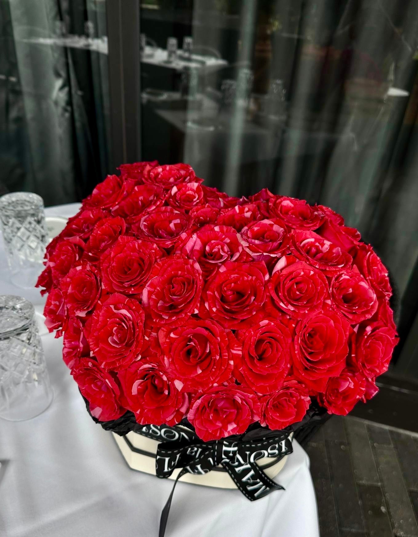 All of my heart - Heart Shaped box arrangement filled with Long stem premium roses(Red wildcat color) - Maison la Fleur