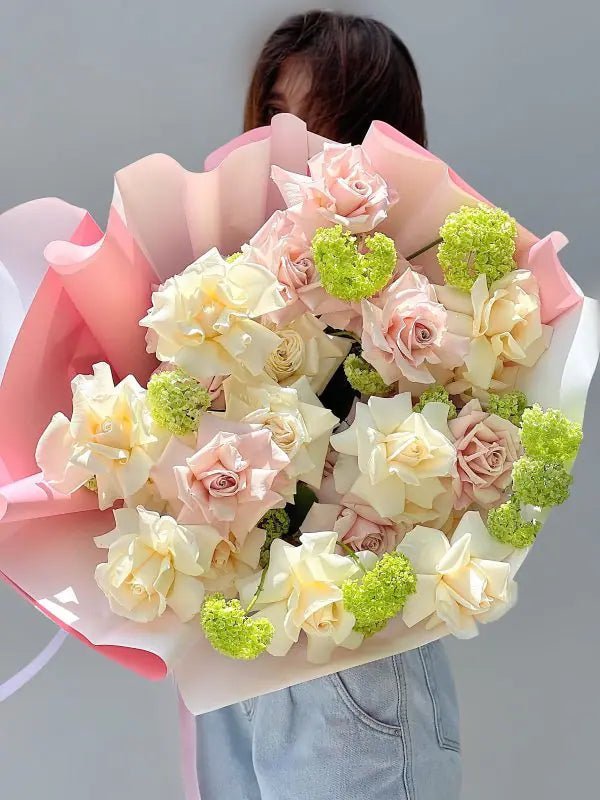 Alluring Tenderness - premium 2 dozen long stem roses with viburnum - Maison la Fleur