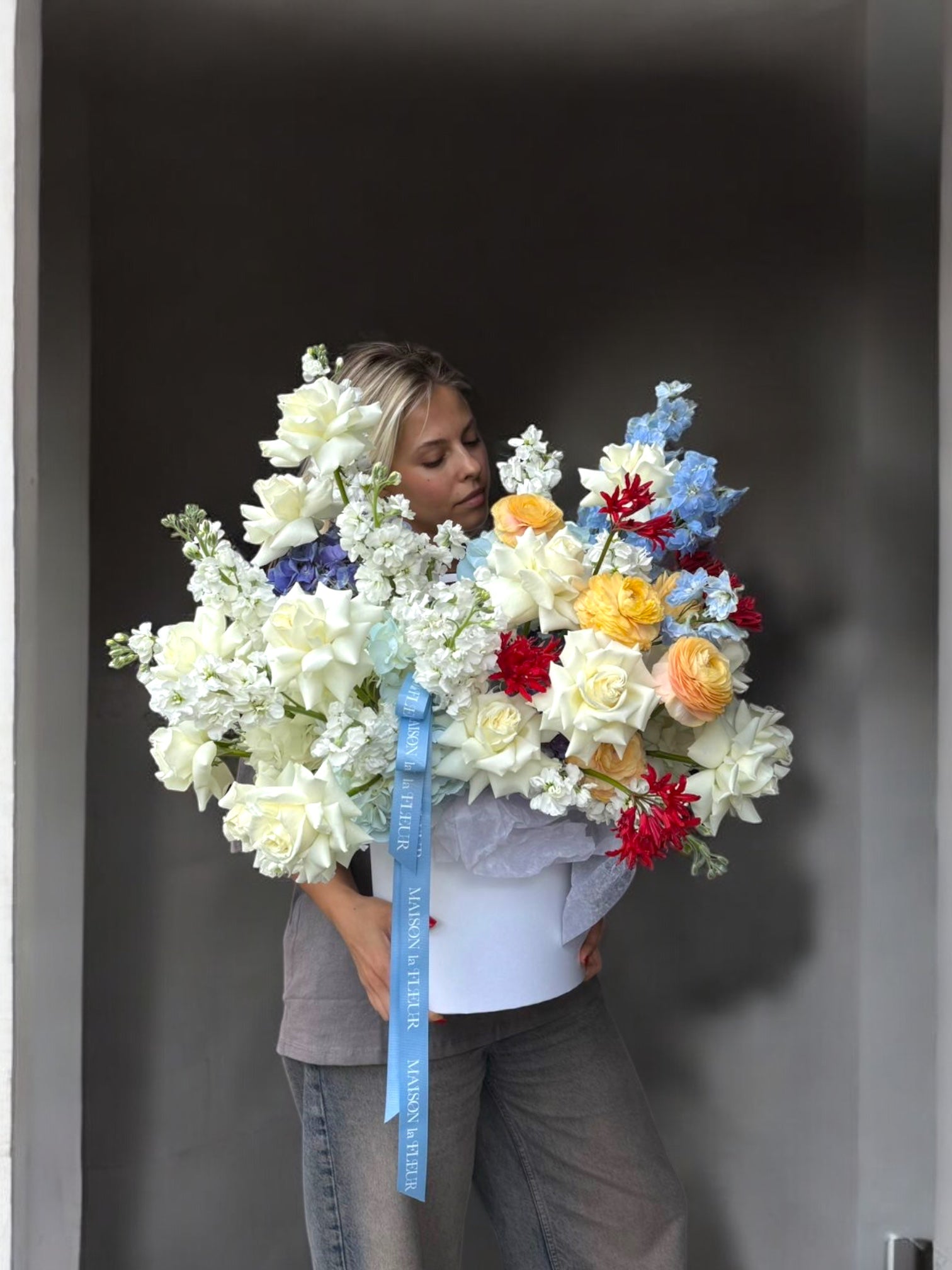 Amber Sky - European style loose arrangement with premium garden and long stem roses, hydrangea and lisianthus - Maison la Fleur