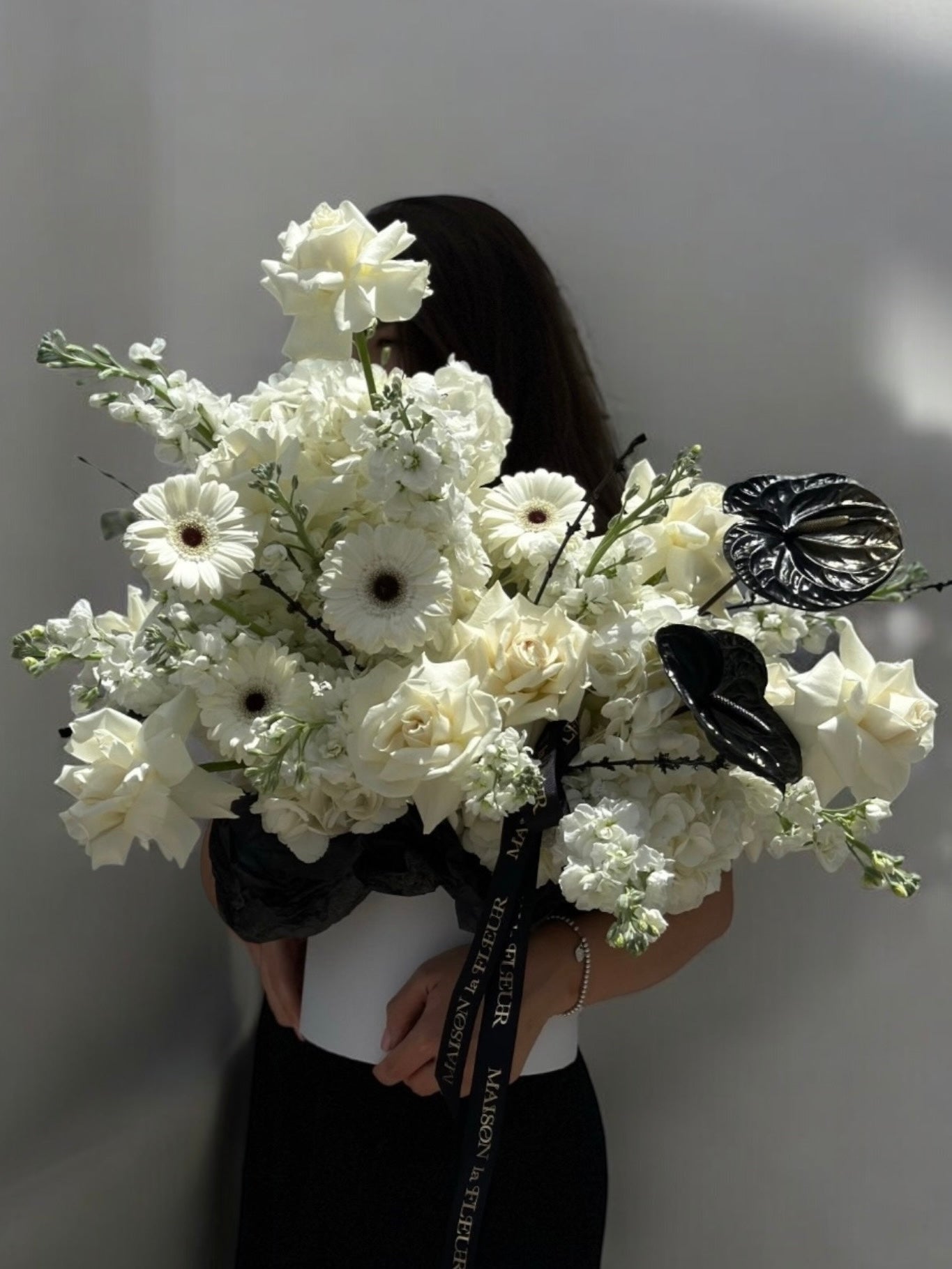 Belle Chance - white hydrangea, calla lilies, anemones, white roses, stock flowers - Maison la Fleur