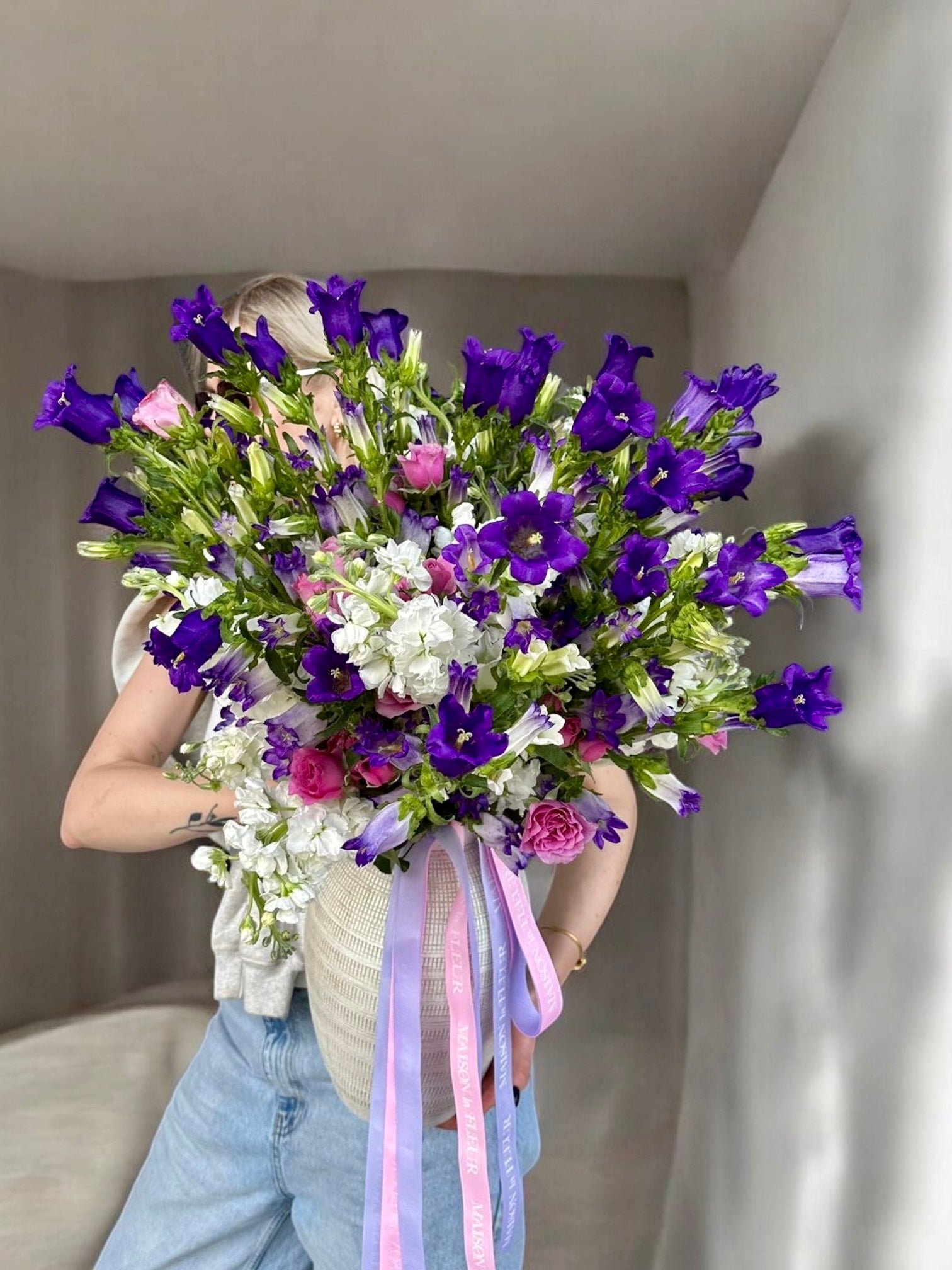 Bellflower waltz - Premium flower arrangement comes in a beautiful vase. Campanula and stock flowers - Maison la Fleur