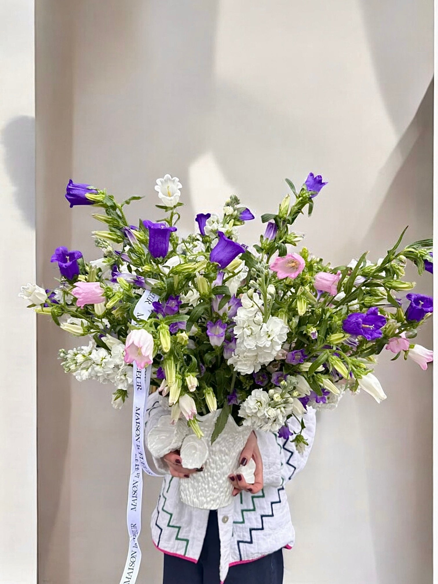 Bellflower waltz - Premium flower arrangement comes in a beautiful vase. Campanula and stock flowers - Maison la Fleur