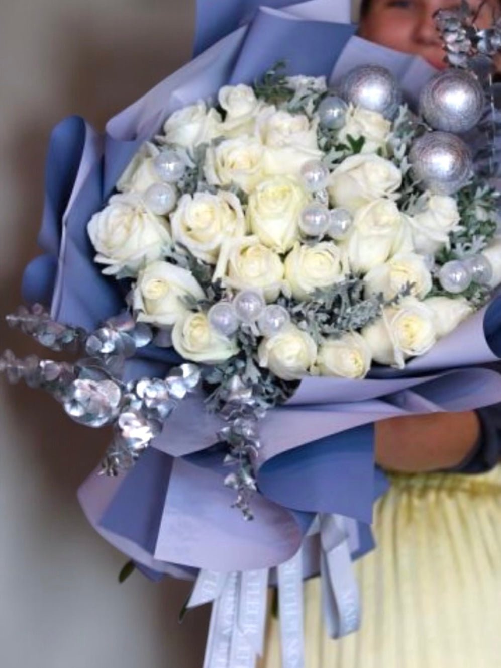 Blue snowflake - 2 dozen White roses with Holliday ornaments - Maison la Fleur