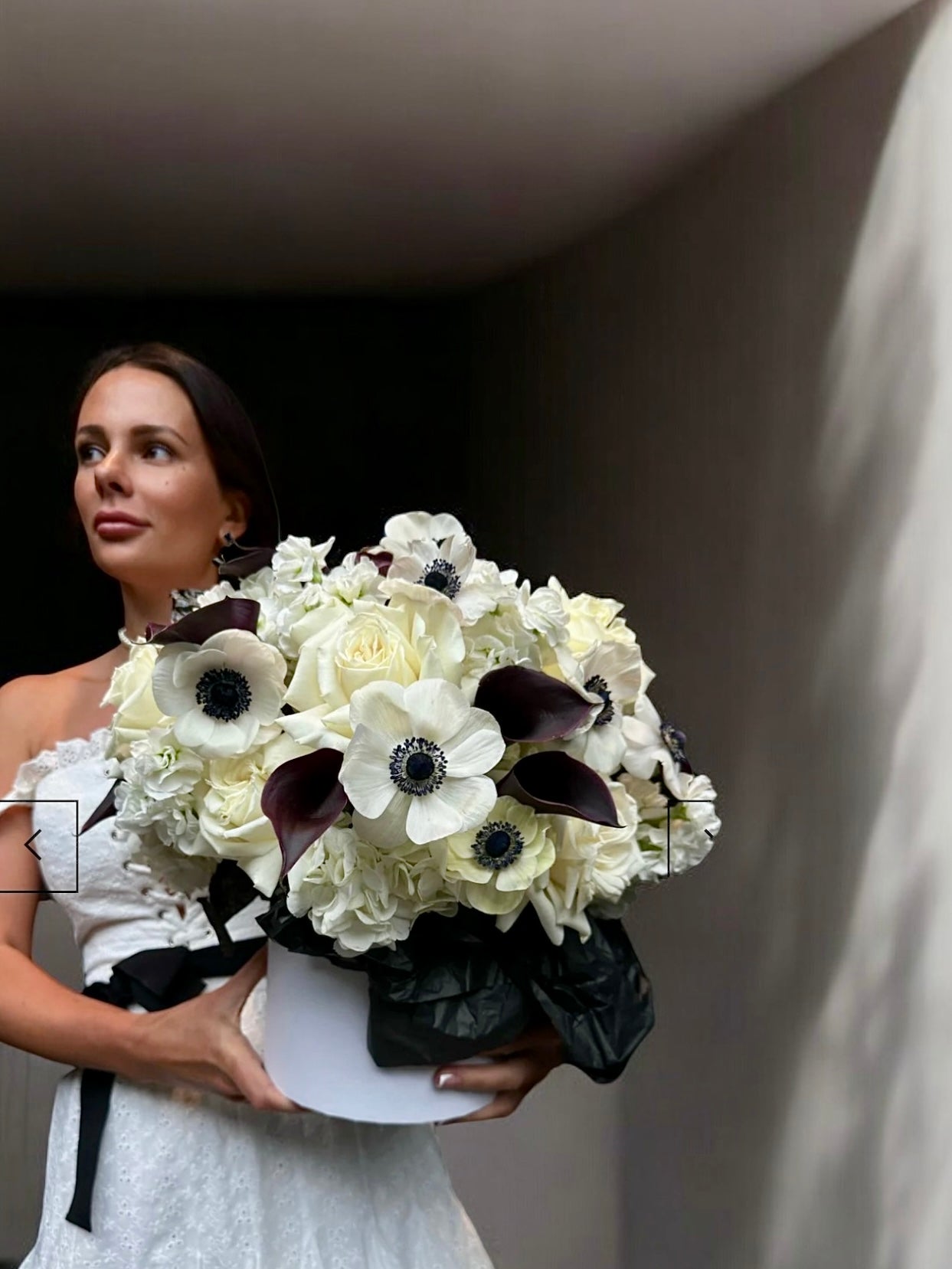 Bonne Chance! - white hydrangea, calla lilies, anemones, white roses, stock flowers - Maison la Fleur