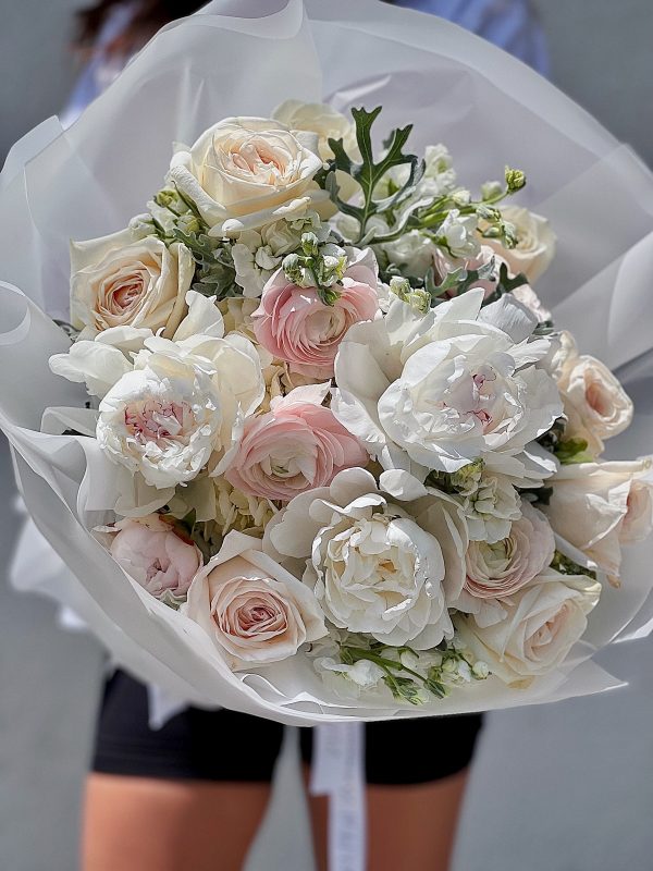 Candid Love - Beautiful white Ohara garden roses, ranunculus, peonies, hydrangea and dusty miller - Maison la Fleur