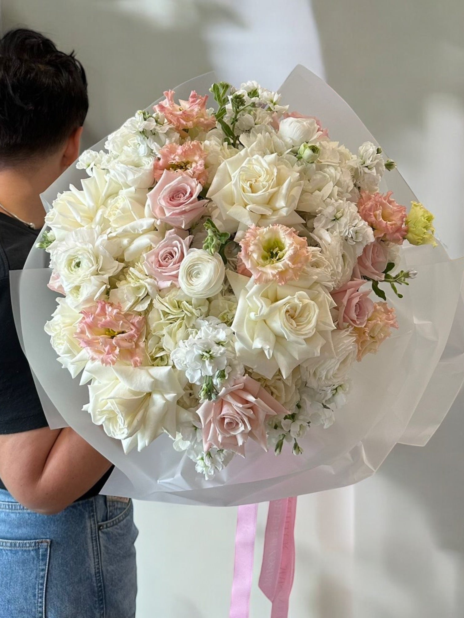 Candid Love - Beautiful white Ohara garden roses, ranunculus, peonies, hydrangea and dusty miller - Maison la Fleur