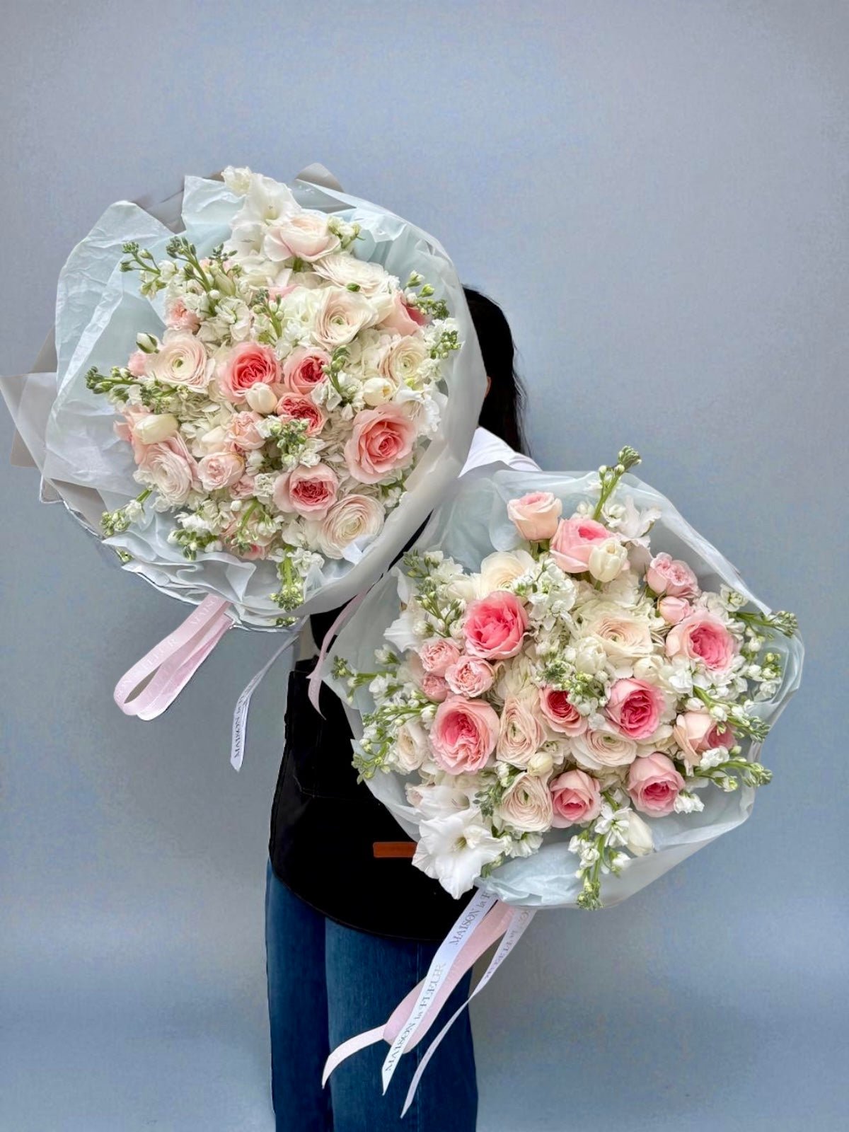 Candid Love - Beautiful white Ohara garden roses, ranunculus, peonies, hydrangea and dusty miller - Maison la Fleur