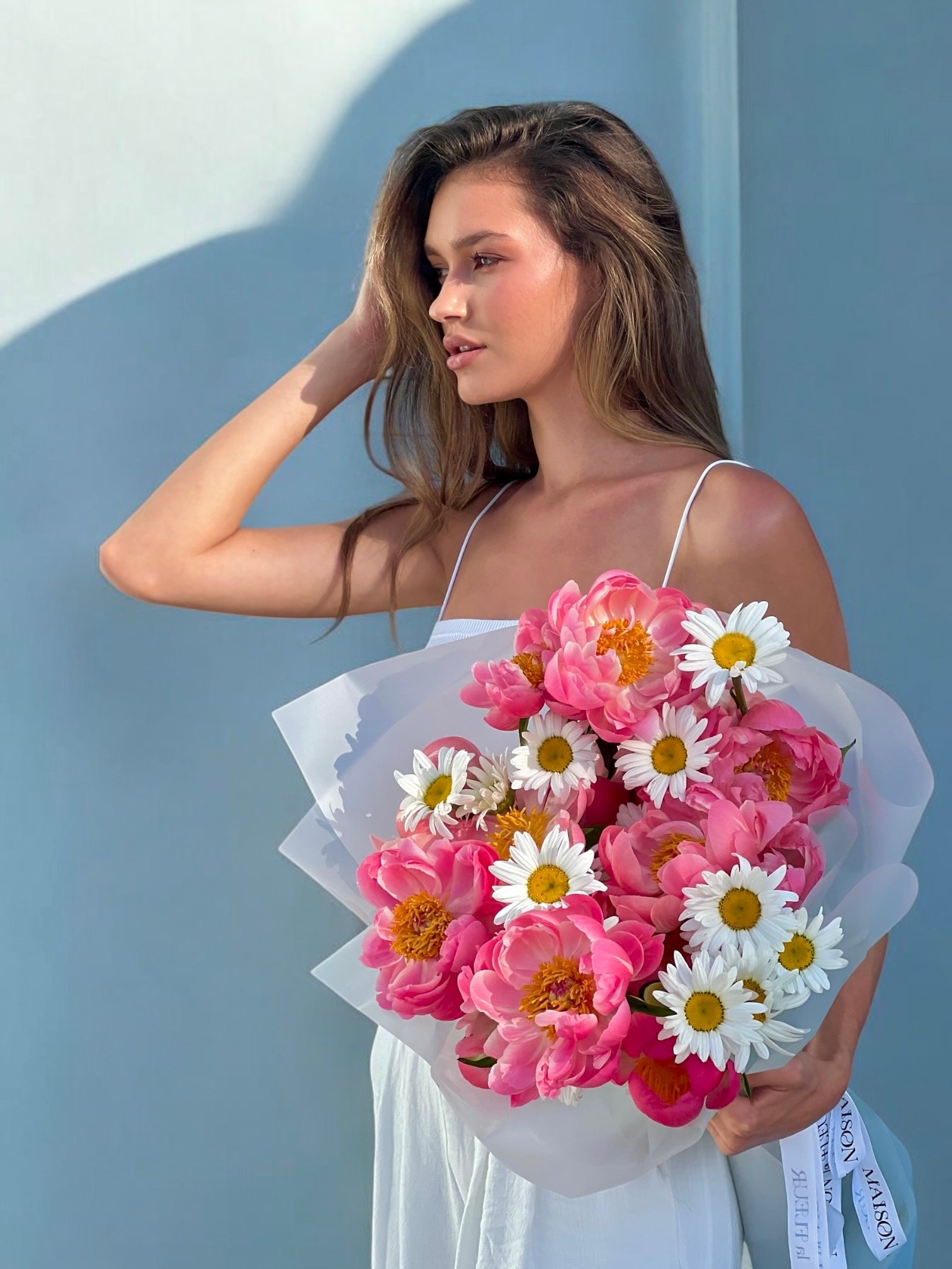 Coral Romances - beautiful mix of coral peonies and daisies - Maison la Fleur