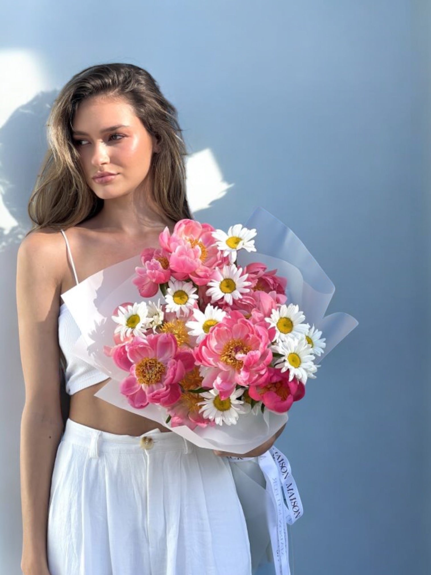 Coral Romances - beautiful mix of coral peonies and daisies - Maison la Fleur