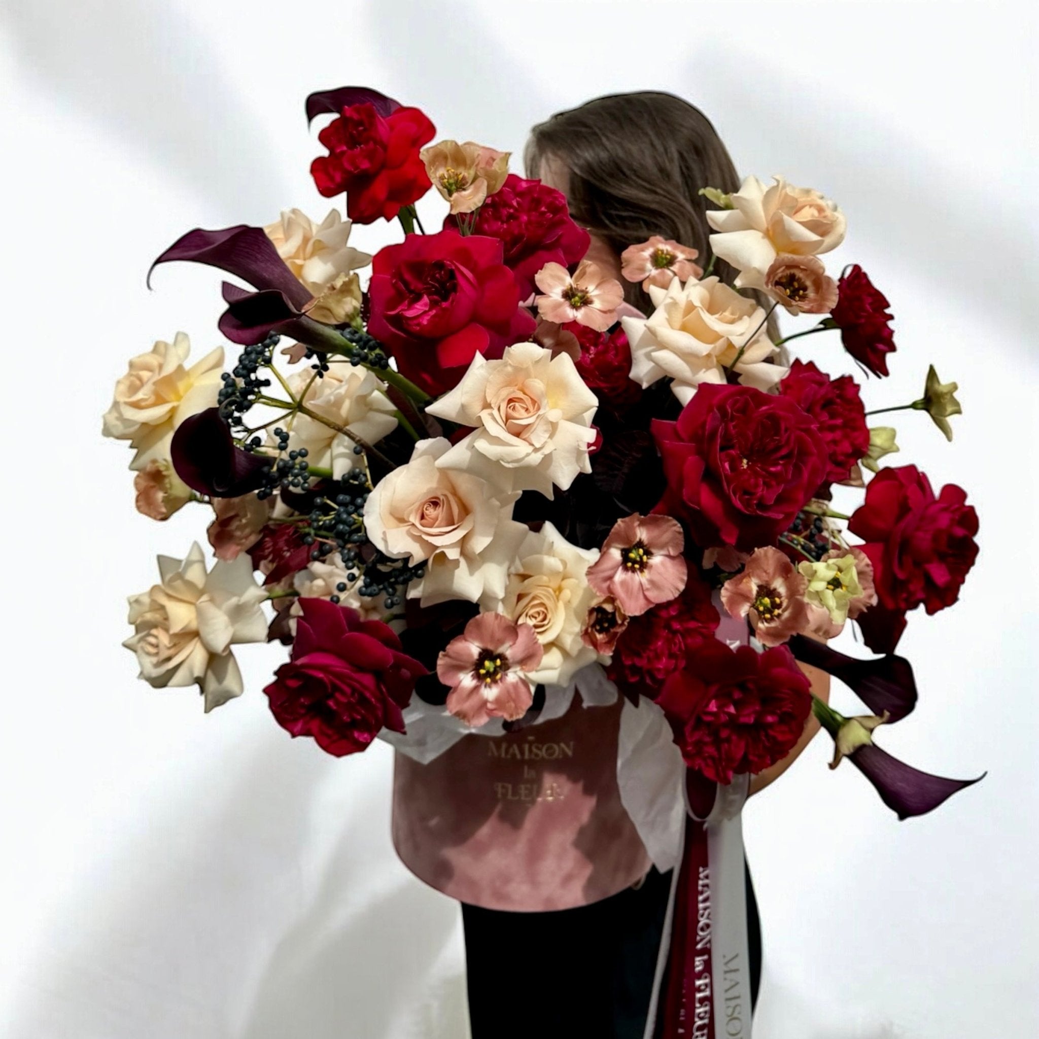 Emily In Paris - premium box David Austen garden roses, European lisianthus, premium long stem roses, callas, eucalyptus, seeded viburnum, hydrangea. - Maison la Fleur