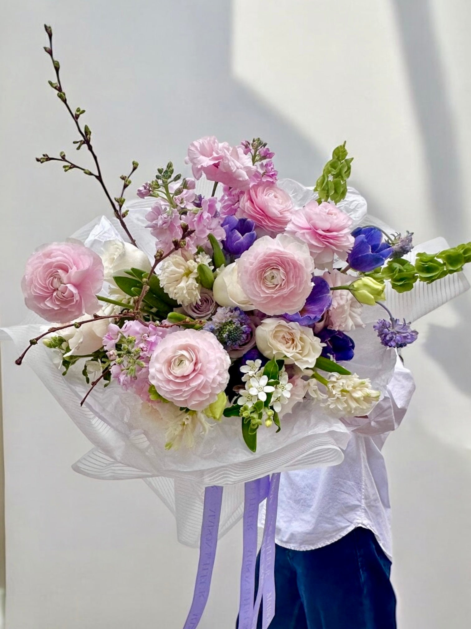 Enchantique Elegance - European hydrangea, &nbsp;Clooney Ranunculus,, Dutch color enhanced tulips from VIP, white Tweedia flower, lisianthus, hyacinths - Maison la Fleur