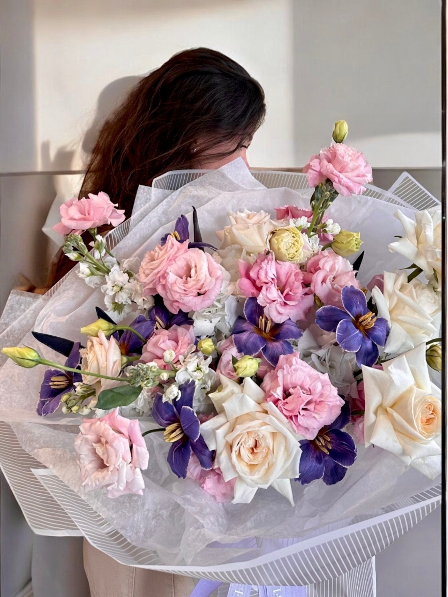 Enchantique Elegance - European hydrangea, &nbsp;Clooney Ranunculus,, Dutch color enhanced tulips from VIP, white Tweedia flower, lisianthus, hyacinths - Maison la Fleur