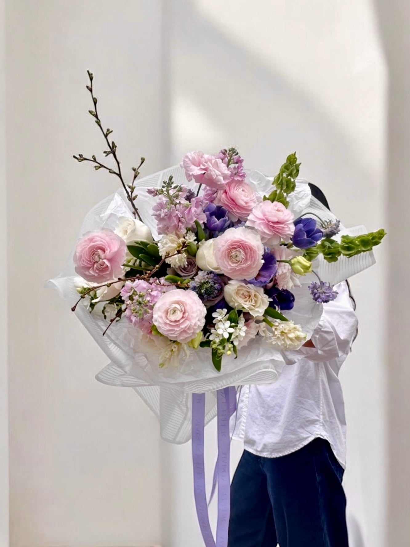 Enchantique Elegance - European hydrangea, &nbsp;Clooney Ranunculus,, Dutch color enhanced tulips from VIP, white Tweedia flower, lisianthus, hyacinths - Maison la Fleur