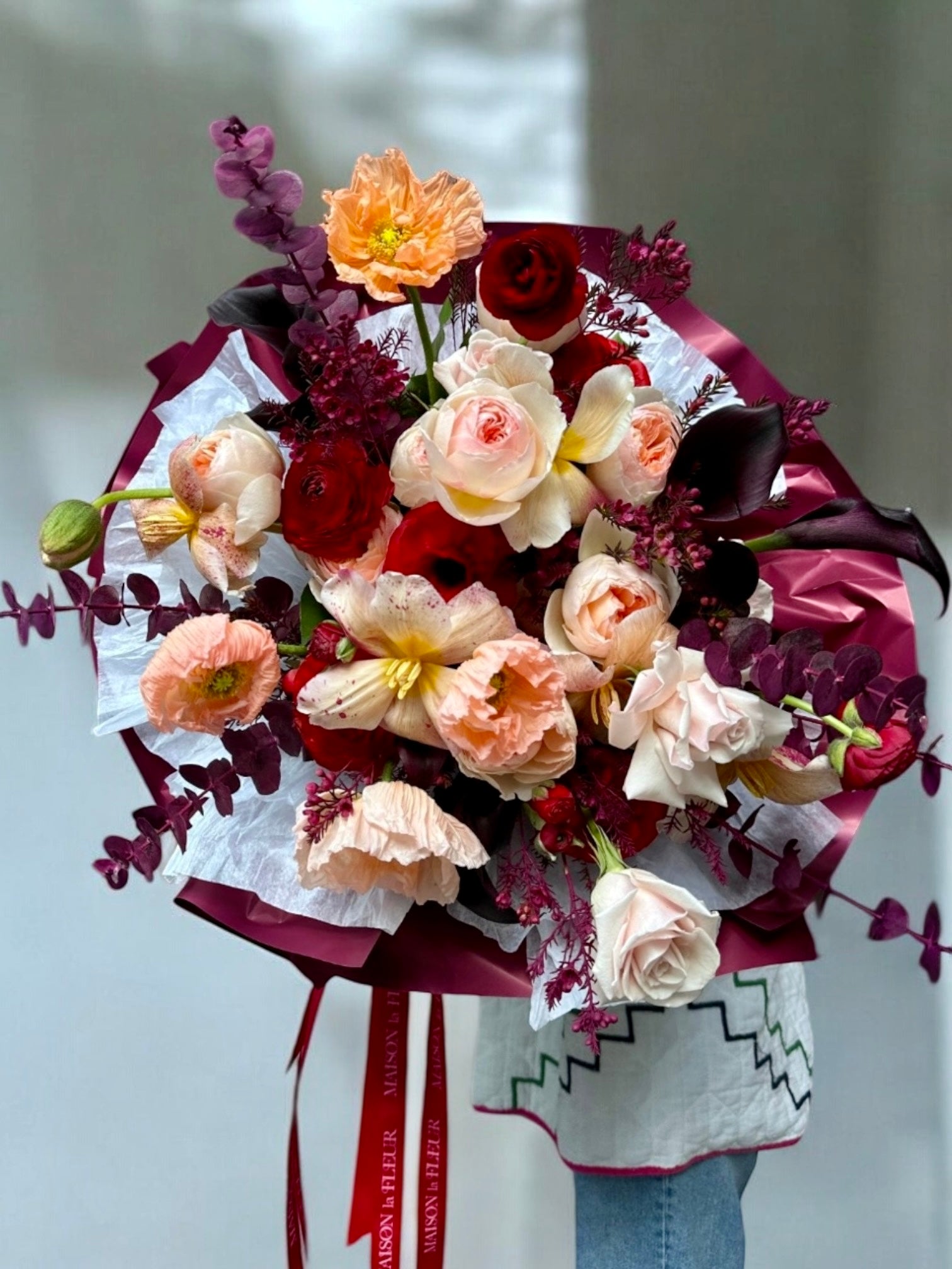 Fire and Ice - David Austin garden roses, italian poppies, mini calla, long stem roses, dyed eucalyptus - Maison la Fleur