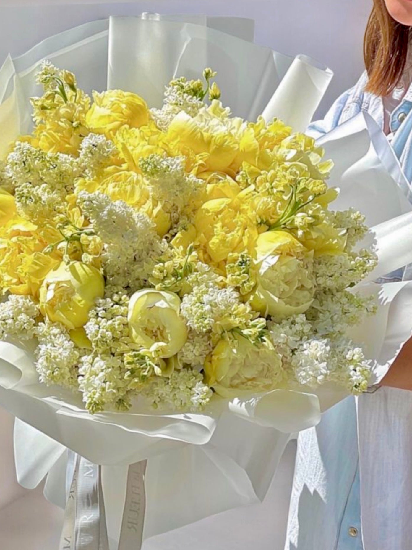 Fleur de Soleil - fresh European white lilac and yellow peonies - Maison la Fleur