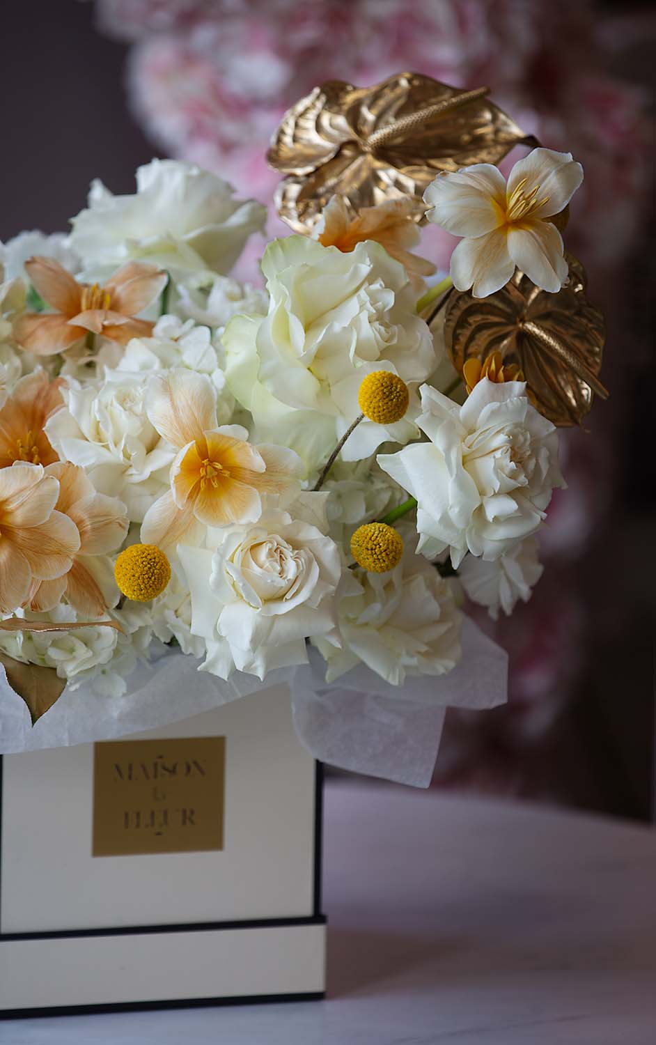 Golden Kiss - beautiful European style arrangement with garden and premium roses, hydrangea, anthurium, lisianthus - Maison la Fleur