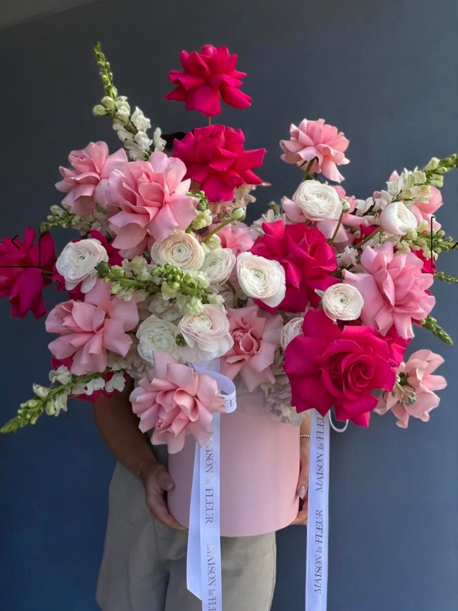 Hotter than pink - Beautiful box arrangement with premium long stem roses, ranunculus, hydrangea, garden roses and snap dragons - Maison la Fleur