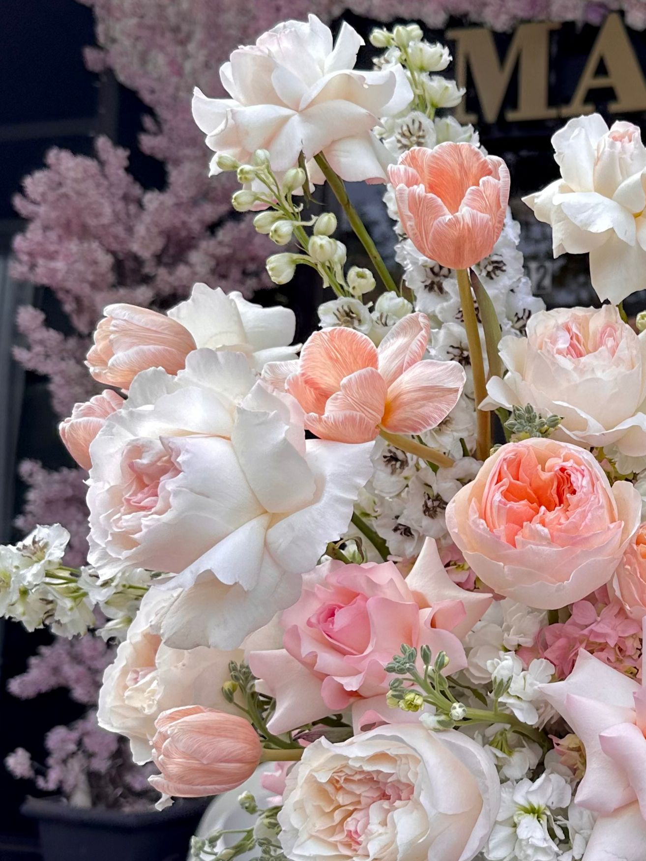 Intricate kiss - Beautiful David Austen garden roses, Dutch delphinium, stock, Dutch tulips , ranunculus - Maison la Fleur