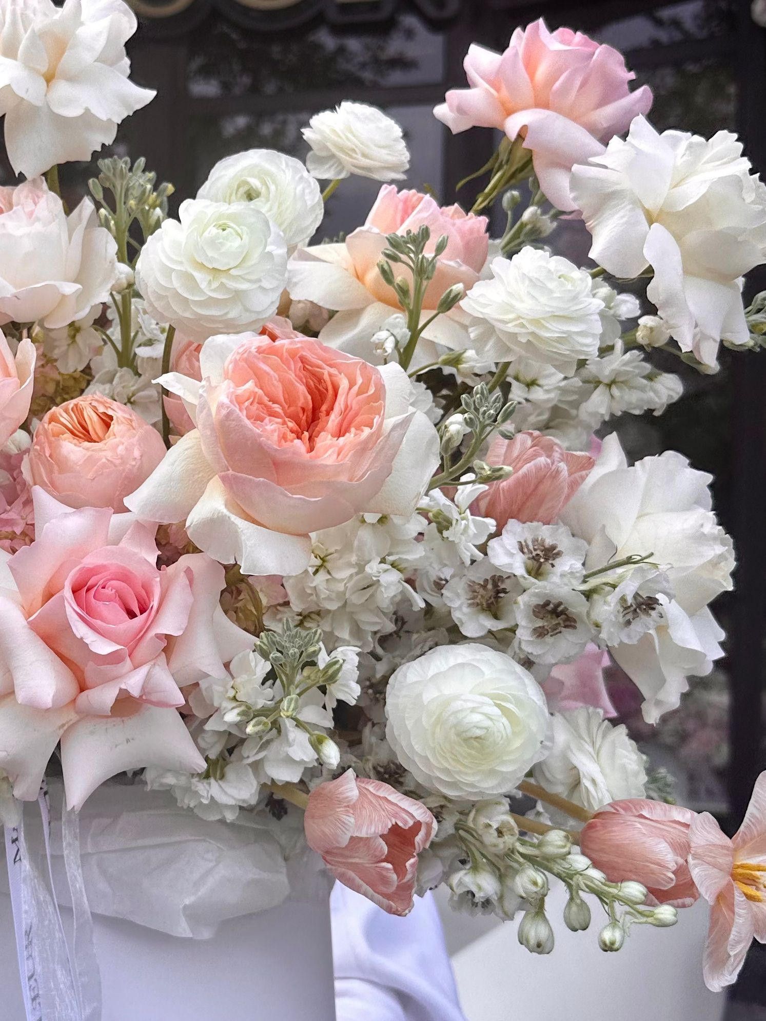 Intricate kiss - Beautiful David Austen garden roses, Dutch delphinium, stock, Dutch tulips , ranunculus - Maison la Fleur