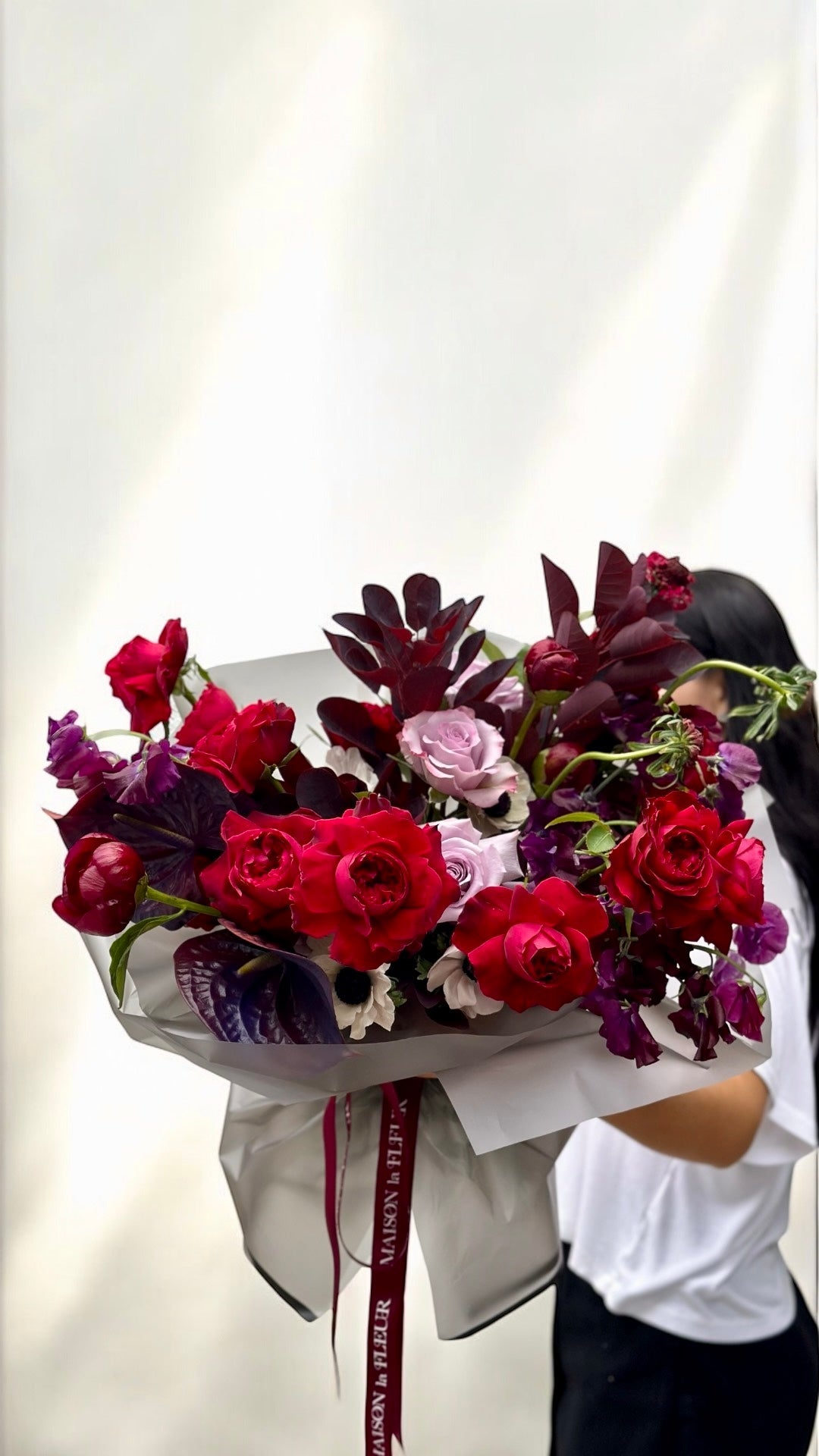 "It’s A Date" - premium red garden roses, ranunculus, anemone, anthurium, peonies, sweet pea and long stem roses - Maison la Fleur