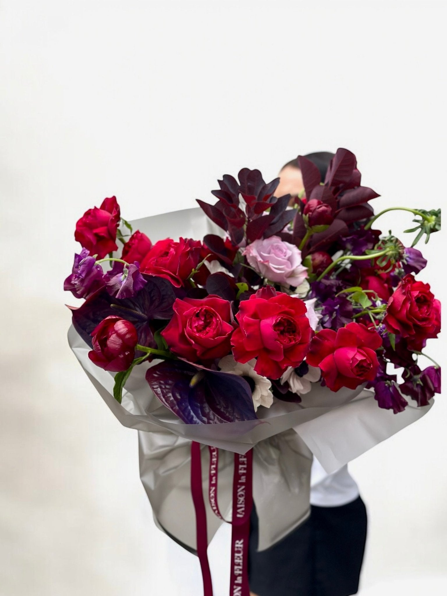 "It’s A Date" - premium red garden roses, ranunculus, anemone, anthurium, peonies, sweet pea and long stem roses - Maison la Fleur