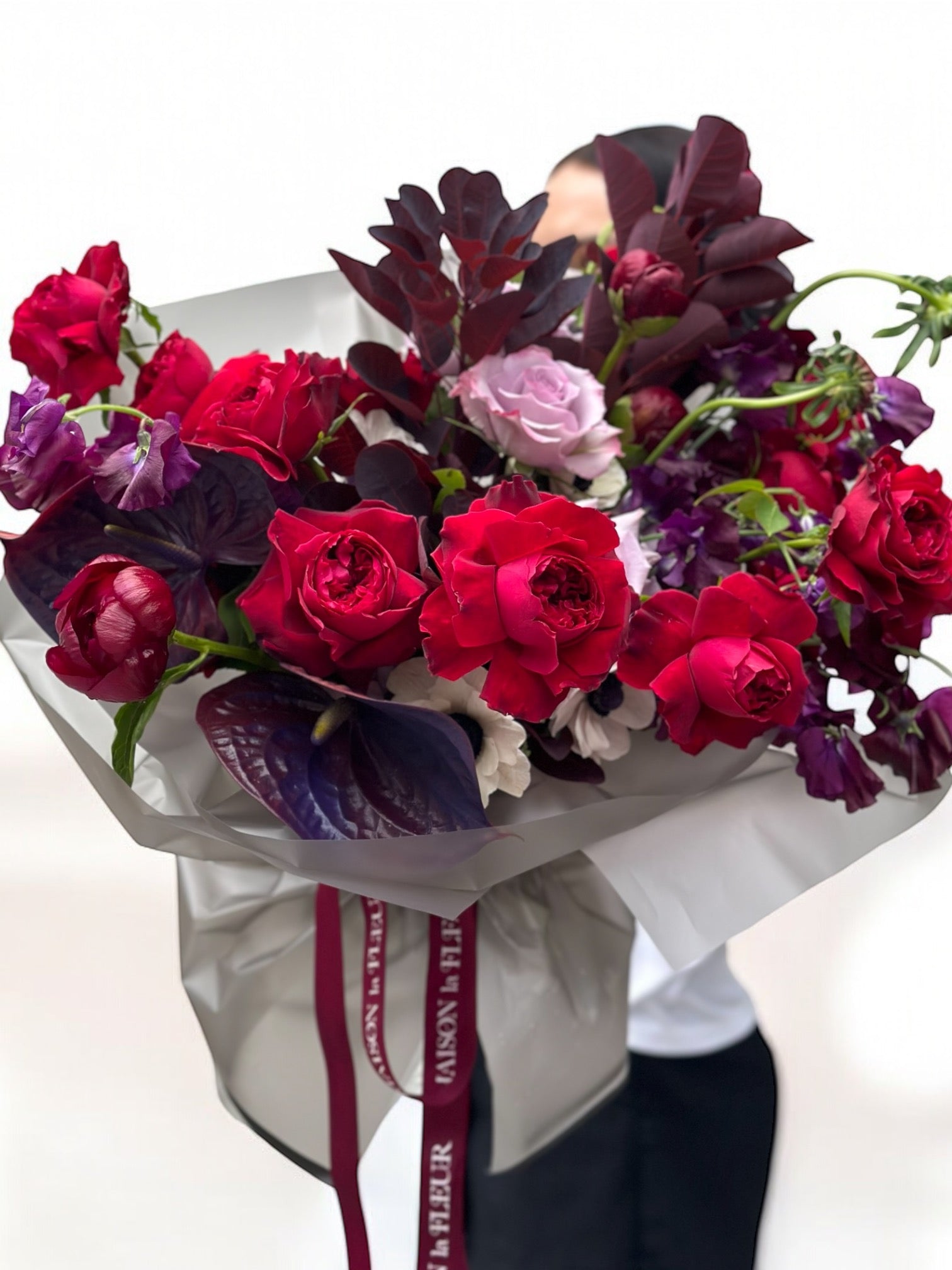 "It’s A Date" - premium red garden roses, ranunculus, anemone, anthurium, peonies, sweet pea and long stem roses - Maison la Fleur