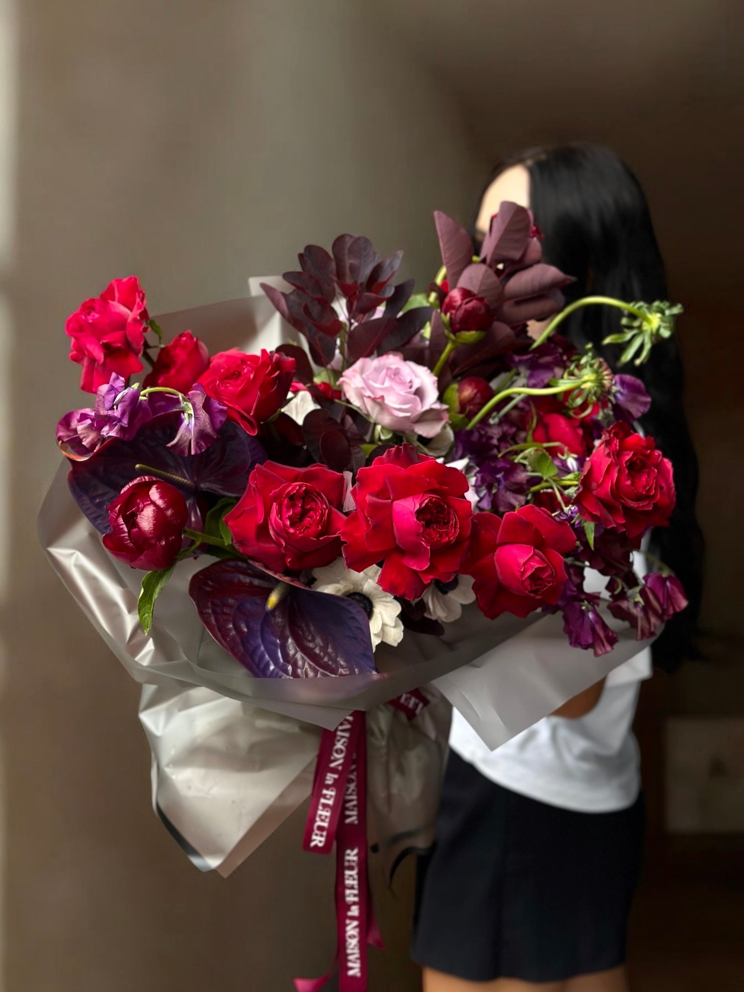 "It’s A Date" - premium red garden roses, ranunculus, anemone, anthurium, peonies, sweet pea and long stem roses - Maison la Fleur