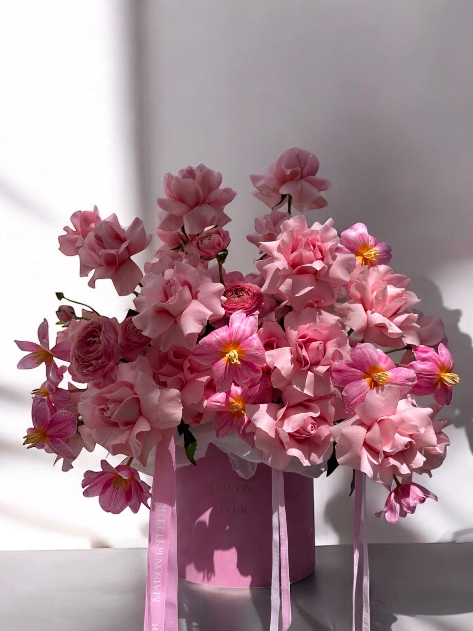 Let me spoil u Pink - Beautiful long stem roses, Dutch color enhanced tulips, European ranunculus and hydrangea - Maison la Fleur