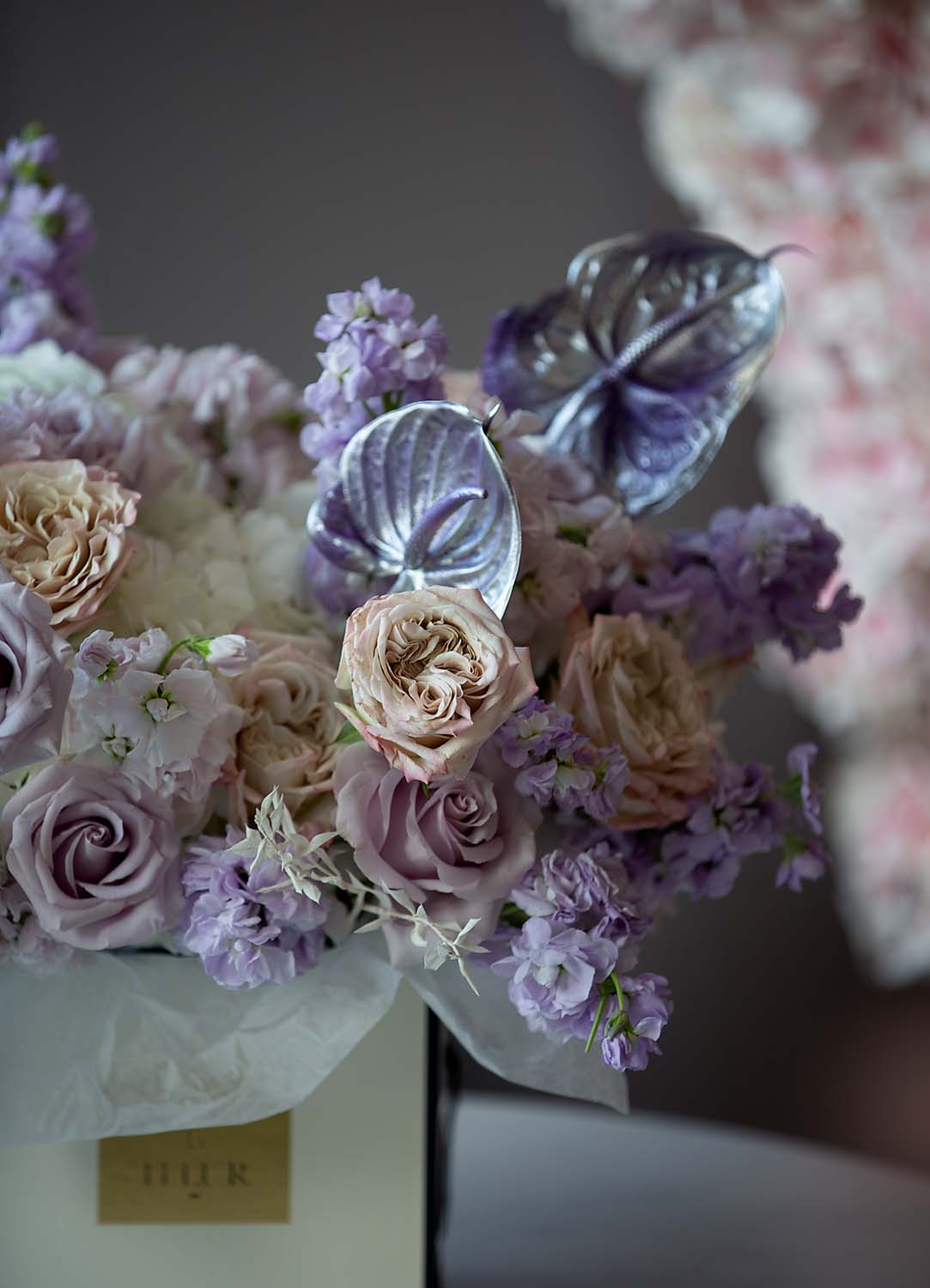 Lilac Dream - premium garden and long stem roses, hydrangea, lisiantthus, stock and anthurium - Maison la Fleur