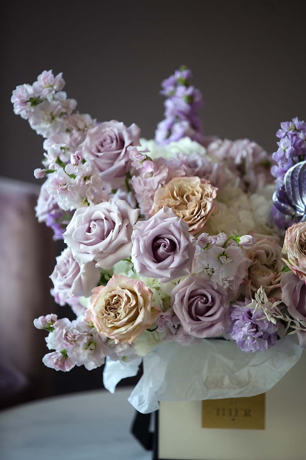 Lilac Dream - premium garden and long stem roses, hydrangea, lisiantthus, stock and anthurium - Maison la Fleur