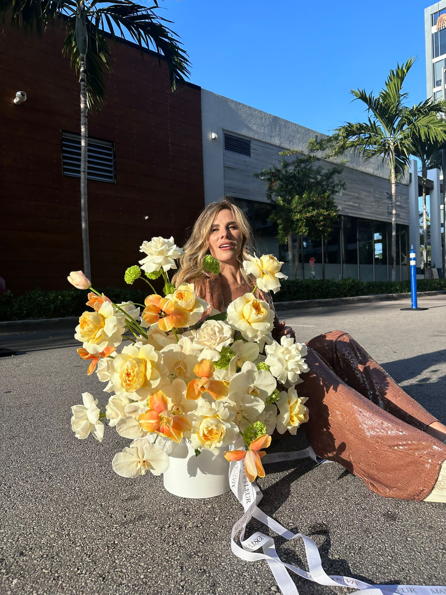 Malibu Sunset - David Austin fragrant garden roses, long stem roses, Dutch tulips , viburnum, Phaelonopsis, and hydrangea - Maison la Fleur