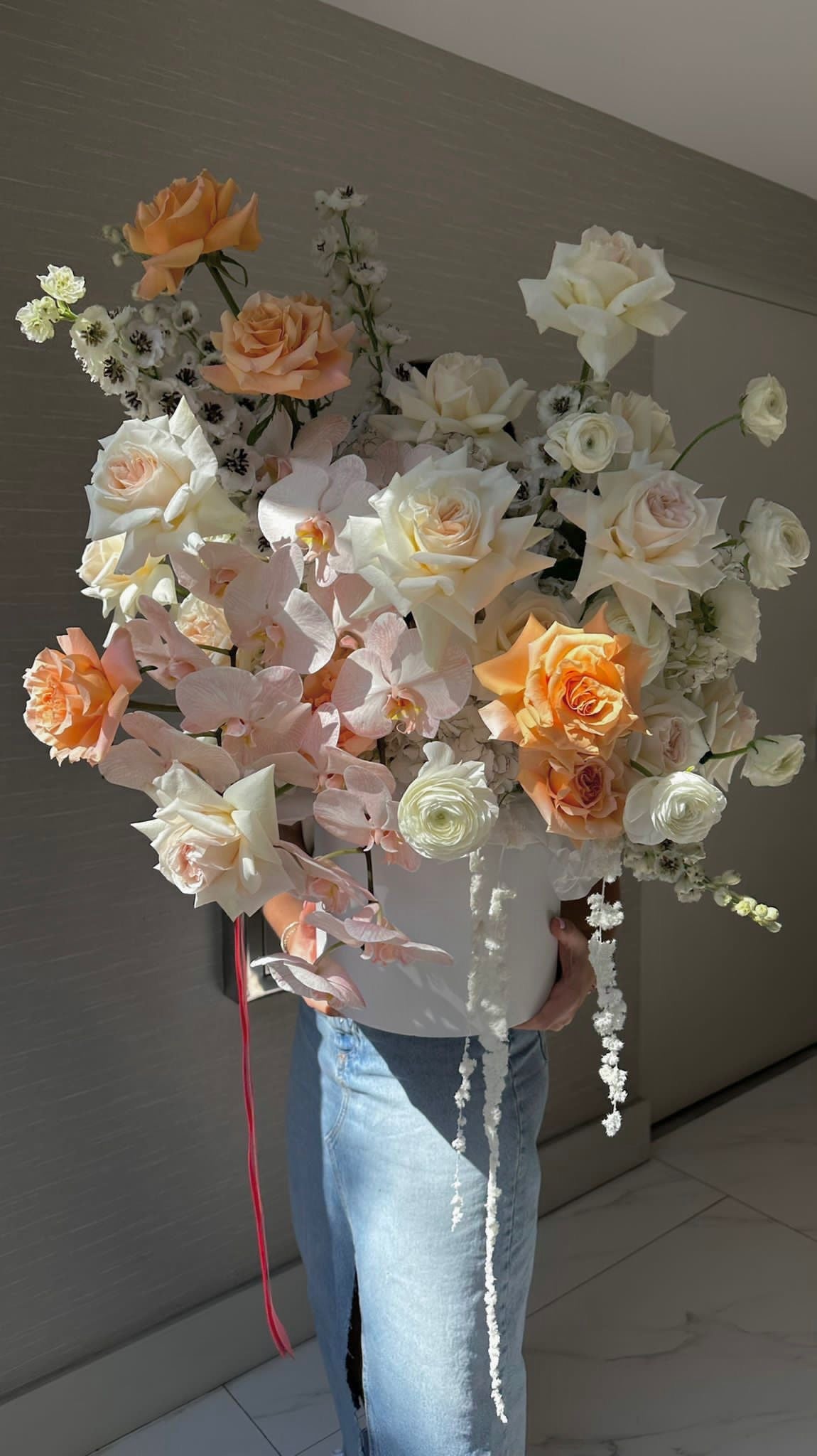 Malibu Sunset - David Austin fragrant garden roses, long stem roses, Dutch tulips , viburnum, Phaelonopsis, and hydrangea - Maison la Fleur