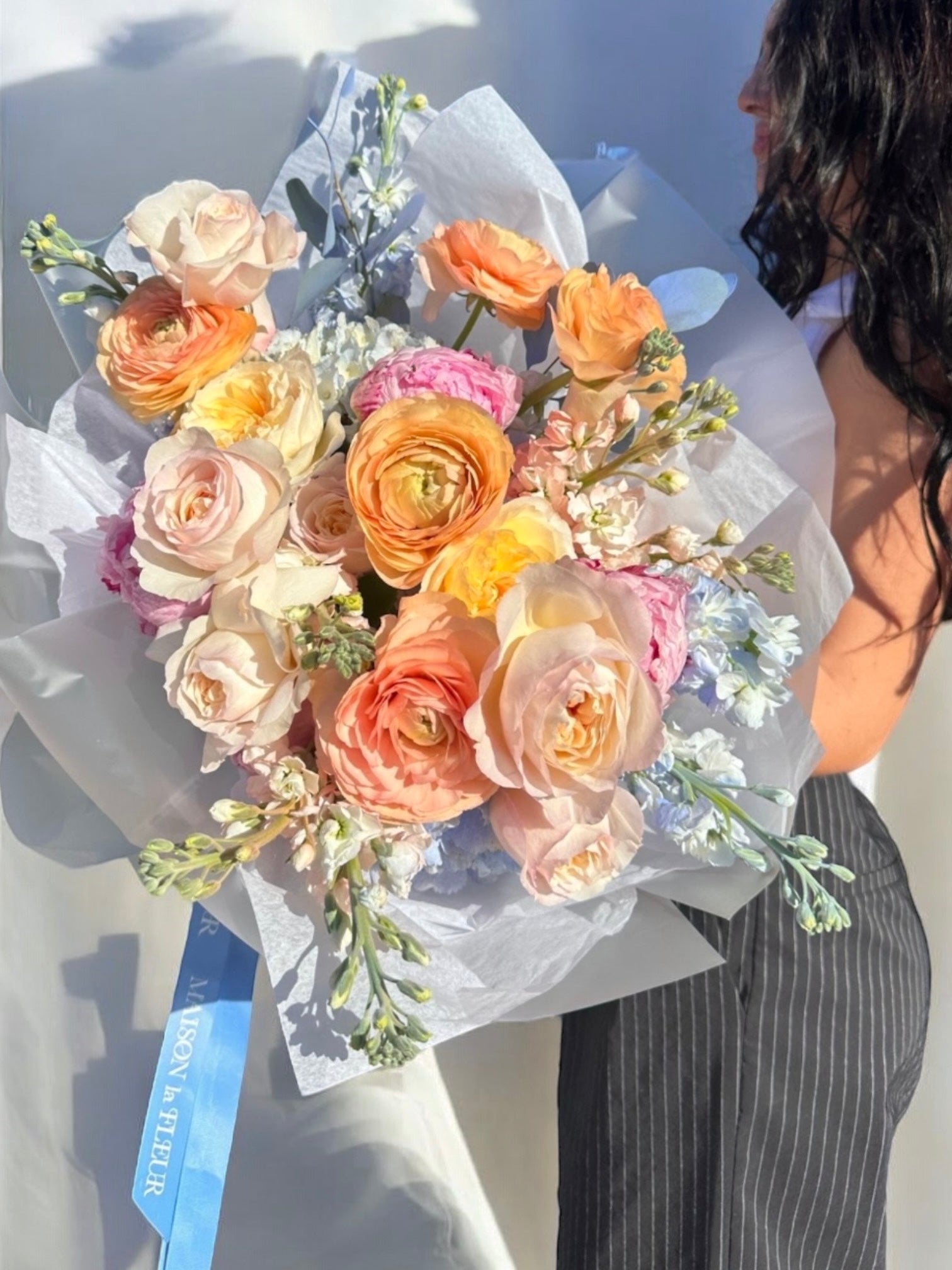 Merci Mari - coral peonies, premium roses, stock flowers, and tweedia flower - Maison la Fleur