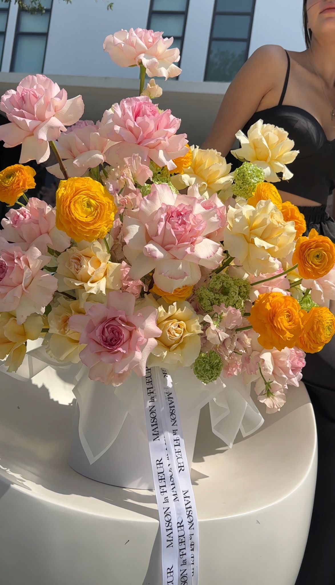 Mimosa on my Mind - beautiful long stem roses, David Austin fragrant garden roses, European ranunculus, hydrangea, sweet pea, and viburnum - Maison la Fleur