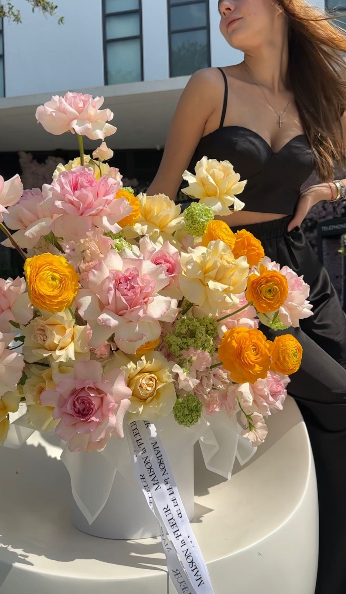 Mimosa on my Mind - beautiful long stem roses, David Austin fragrant garden roses, European ranunculus, hydrangea, sweet pea, and viburnum - Maison la Fleur