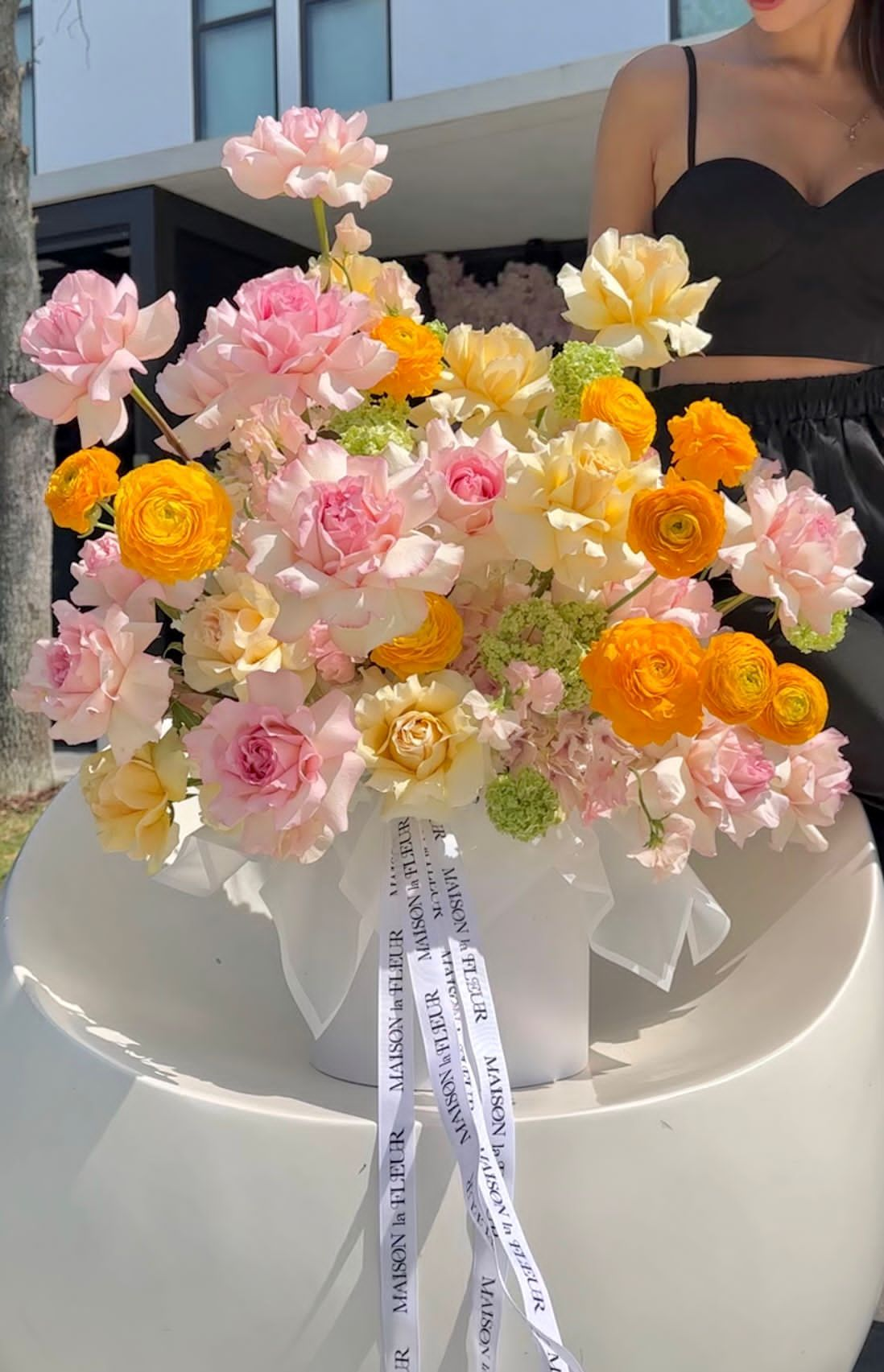 Mimosa on my Mind - beautiful long stem roses, David Austin fragrant garden roses, European ranunculus, hydrangea, sweet pea, and viburnum - Maison la Fleur